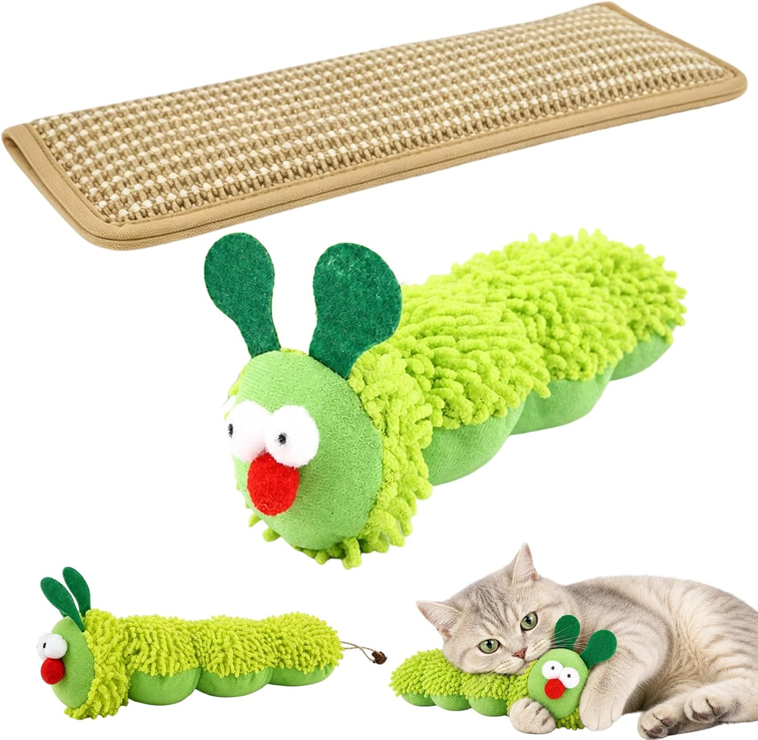 Peluche en forme de chenille verte pour chat, avec tapis griffoir et chat jouant avec la peluche.