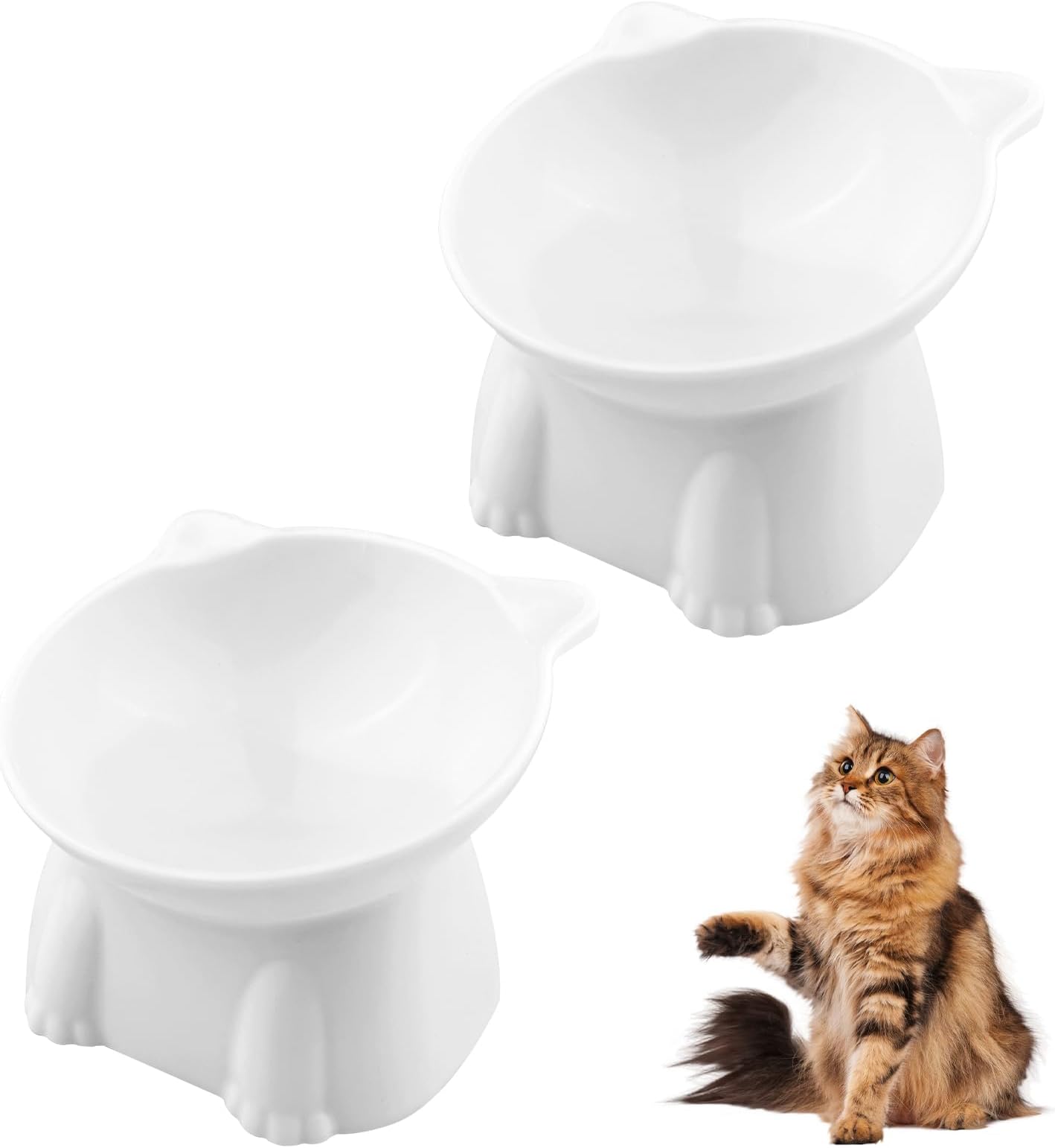 Lot de deux gamelles blanches surélevées et inclinées pour chat, avec un design d'oreilles de chat.