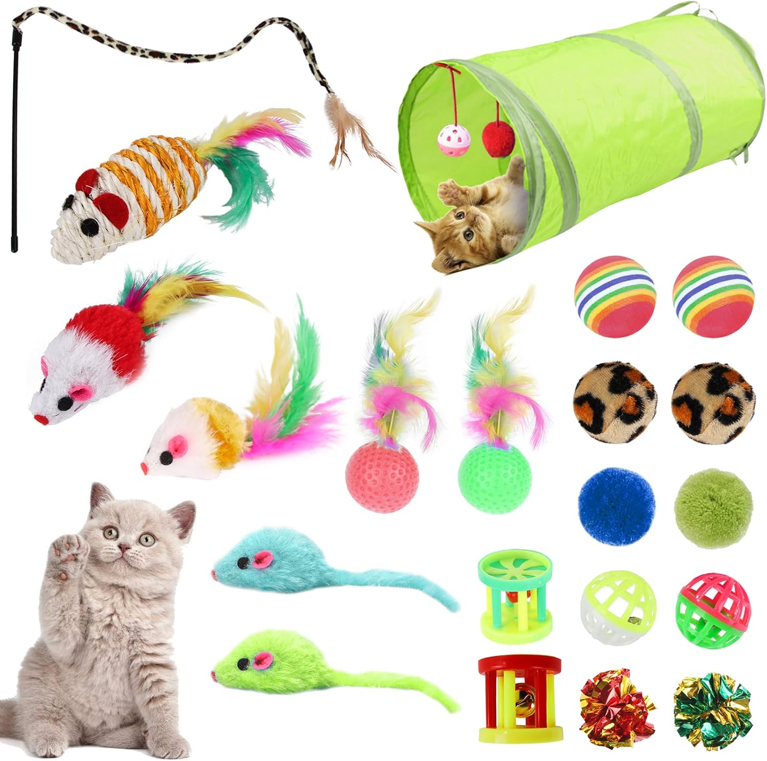 Vue d'ensemble des 21 jouets pour chat Yuqilin incluant le tunnel vert, la canne à pêche, les souris en peluche et diverses balles colorées.