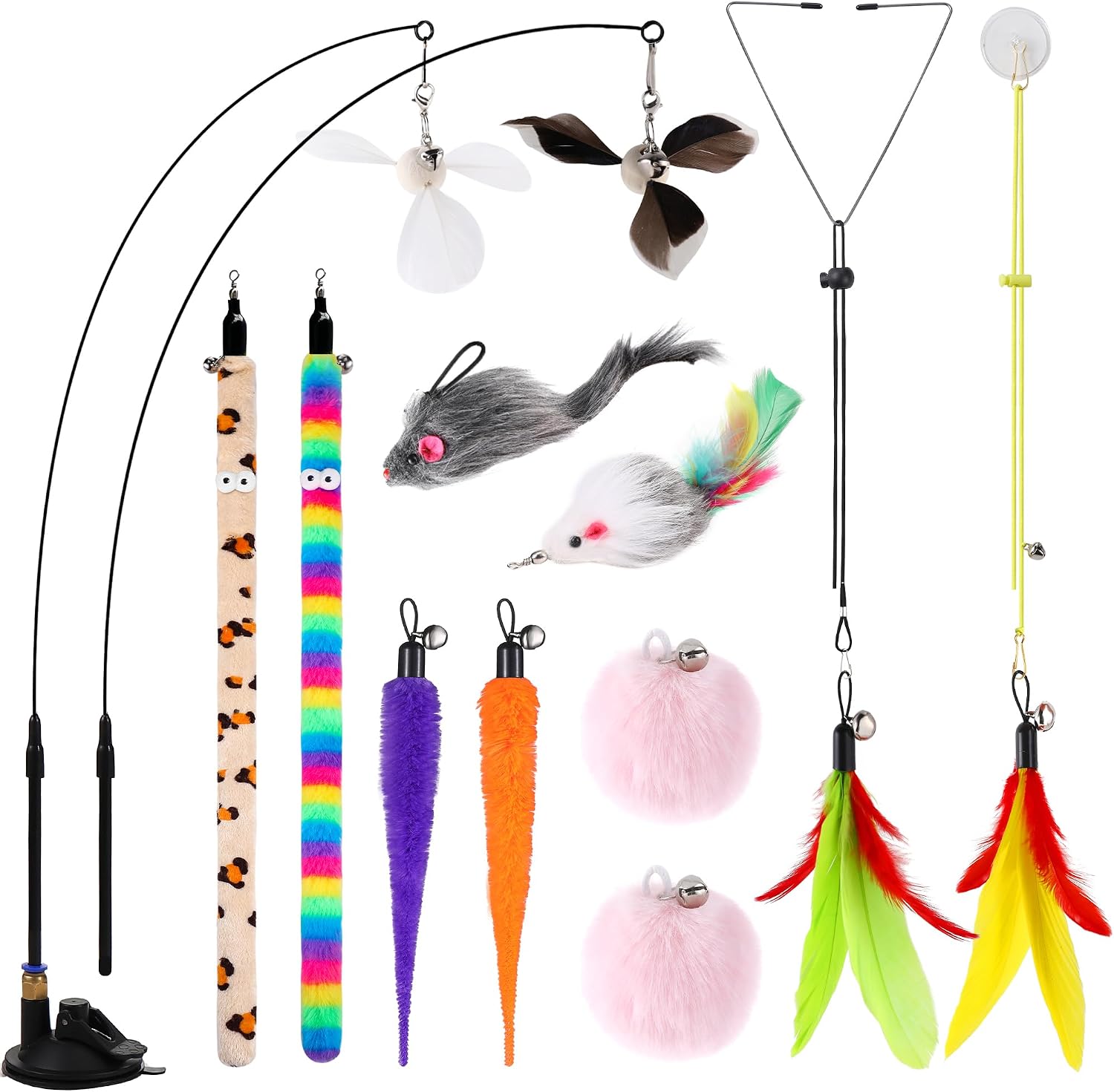 Vue d'ensemble du kit de jouets pour chat Soarer avec ventouse, cannes, plumes, vers colorés et souris