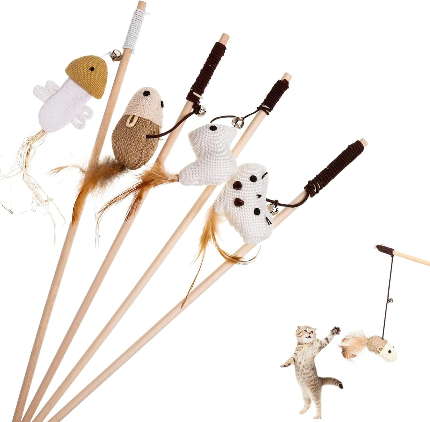 Lot de 4 cannes à pêche pour chat en bois et lin avec élastique