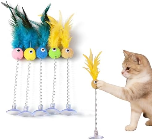 Les 5 jouets à plumes de différentes couleurs sur leurs ressorts