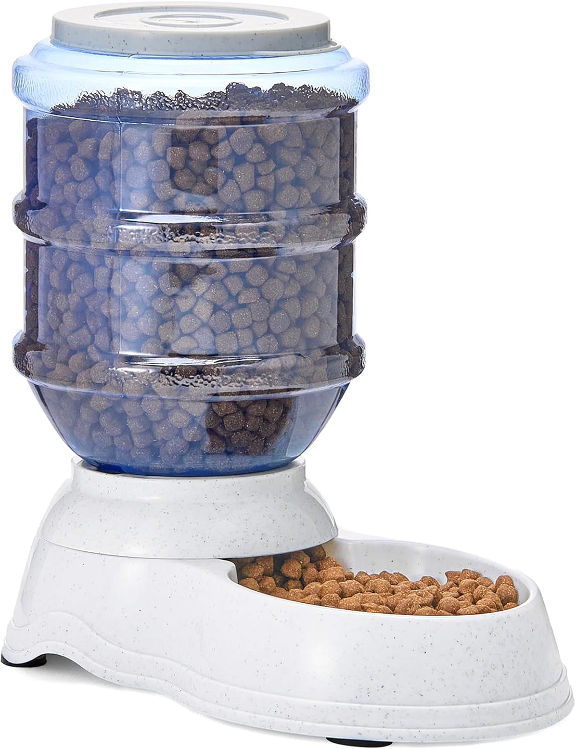 Distributeur par gravité Amazon Basics rempli de croquettes avec base blanche