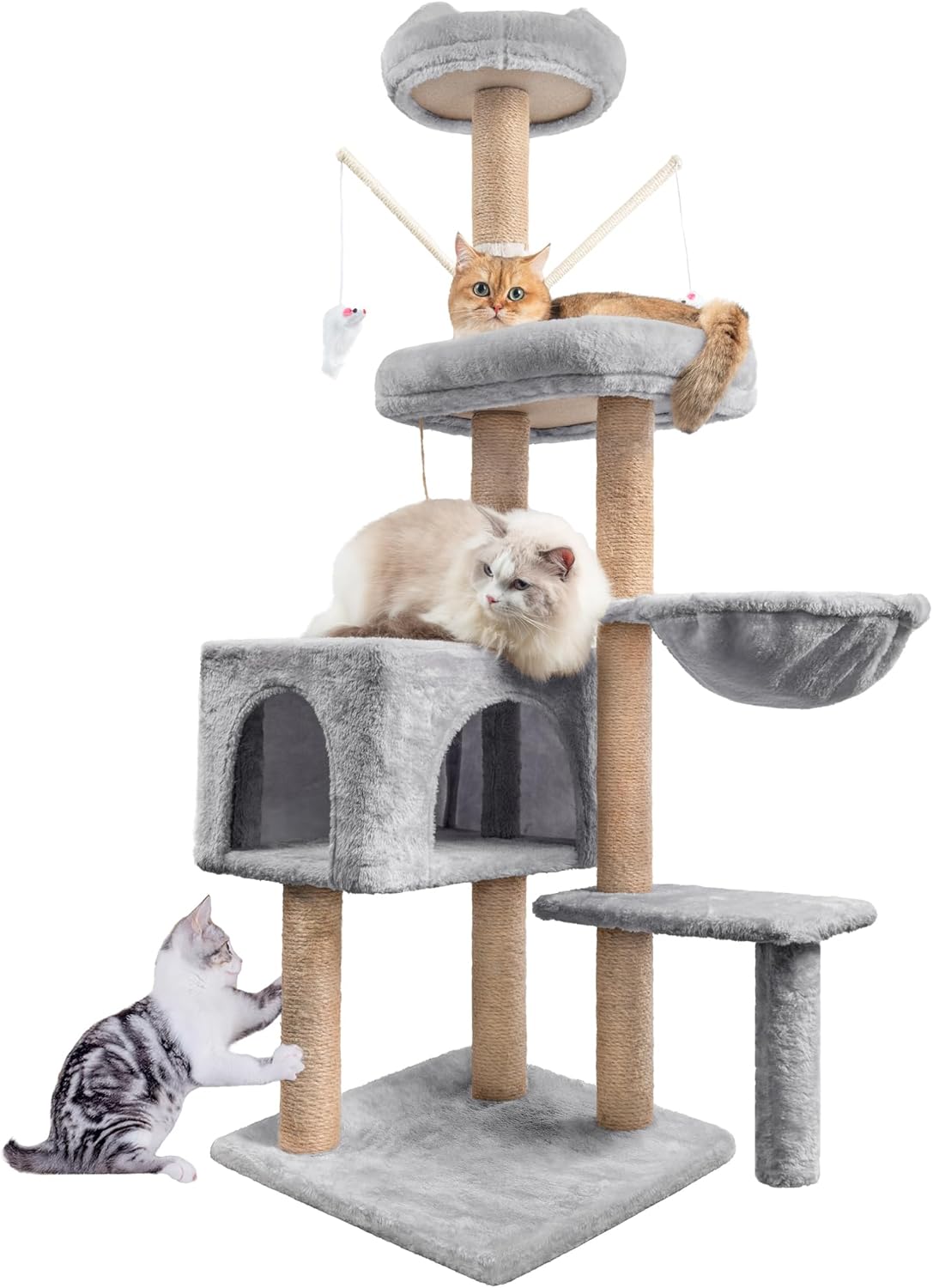 Arbre à chat HOMIDEC 145 cm en version grise avec des chats explorant les différentes plateformes