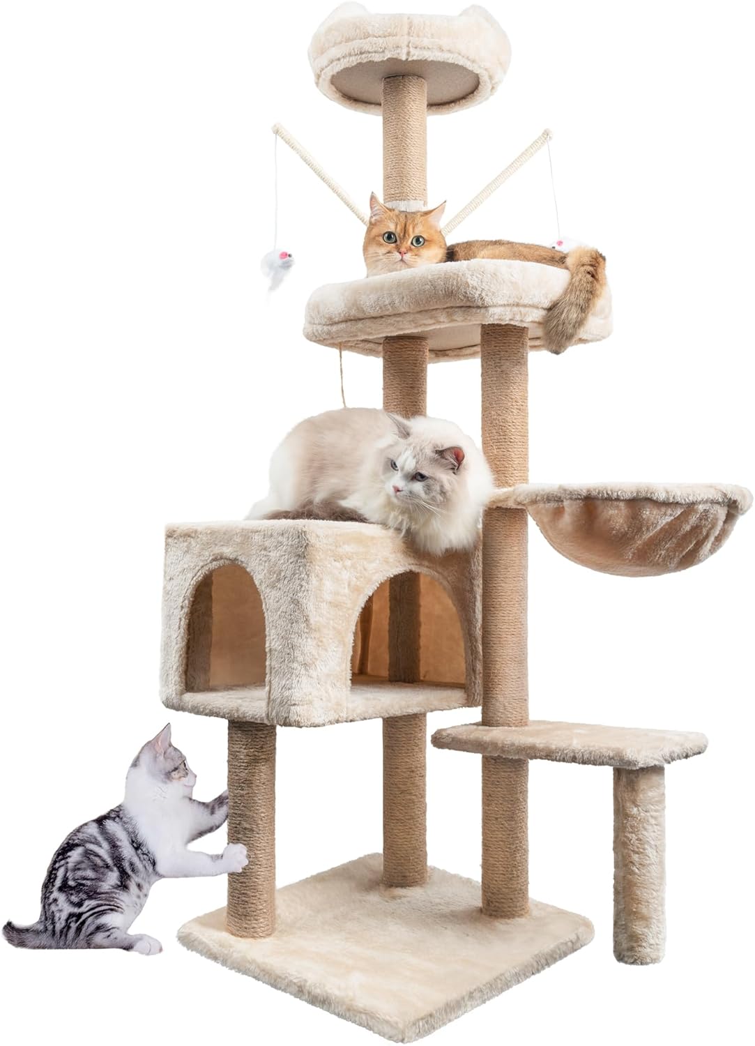 Arbre à chat beige montrant la niche centrale et le hamac suspendu utilisés par des chats