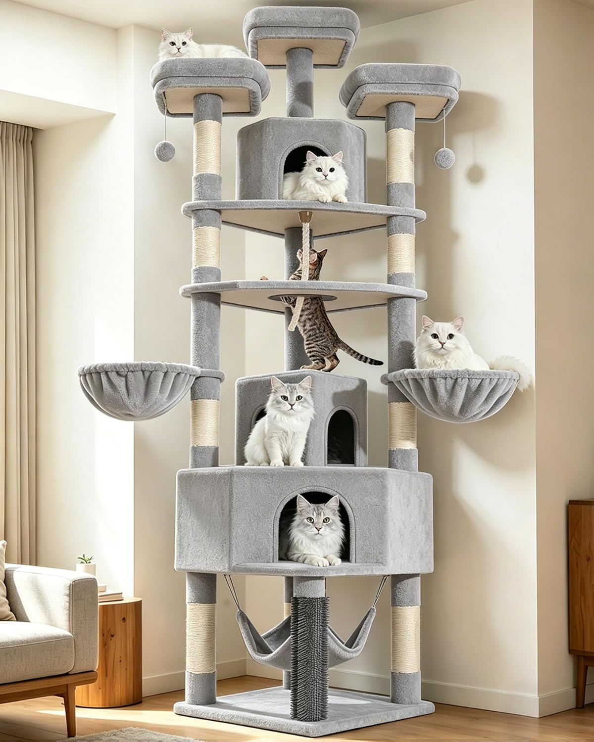 Arbre à chat Fobyfurny XXL gris clair avec plusieurs chats