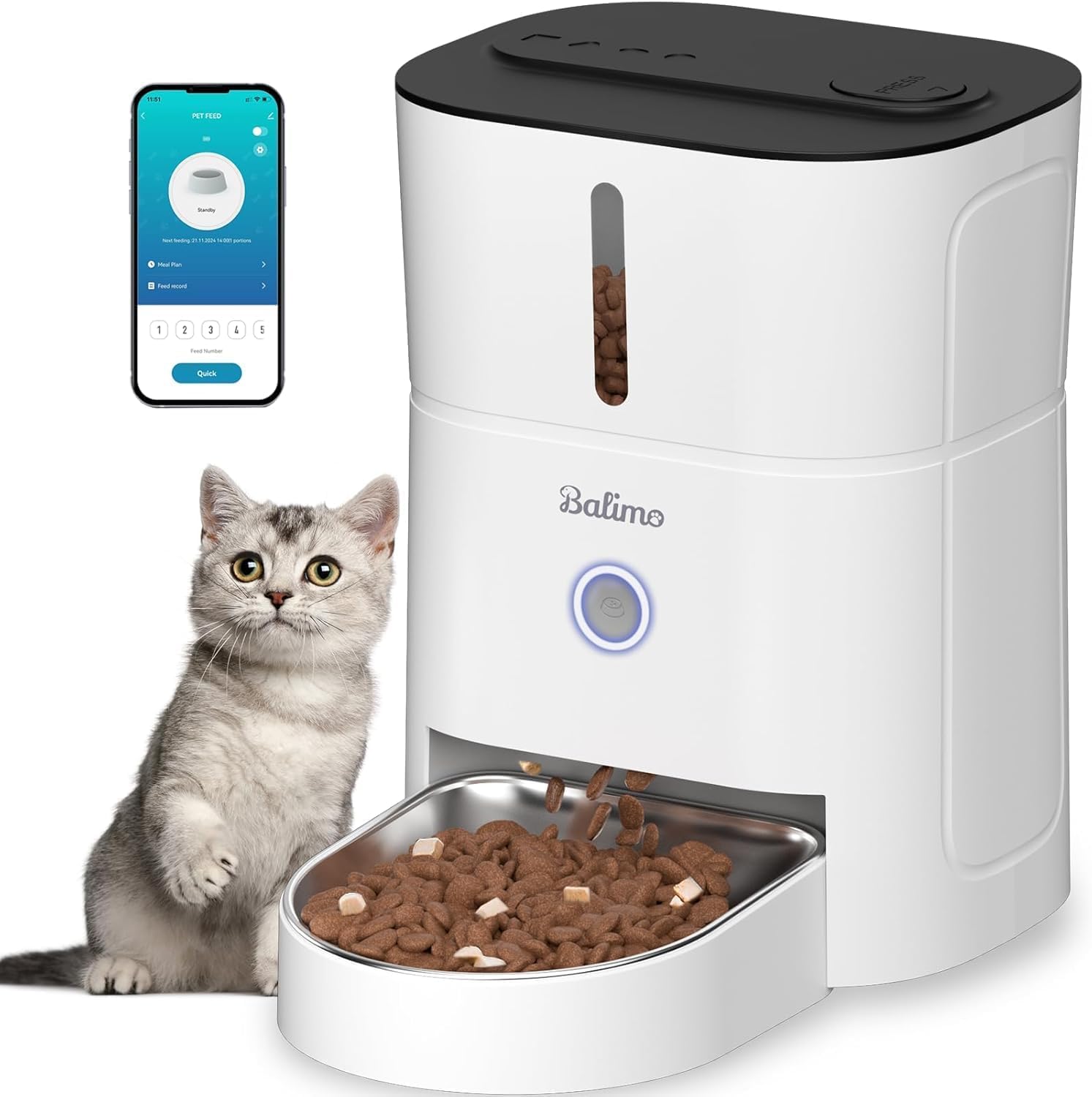 Distributeur automatique de croquettes Balimo 3L de couleur blanche avec un chat tigré à côté, montrant l'application mobile et le bol en acier inoxydable.