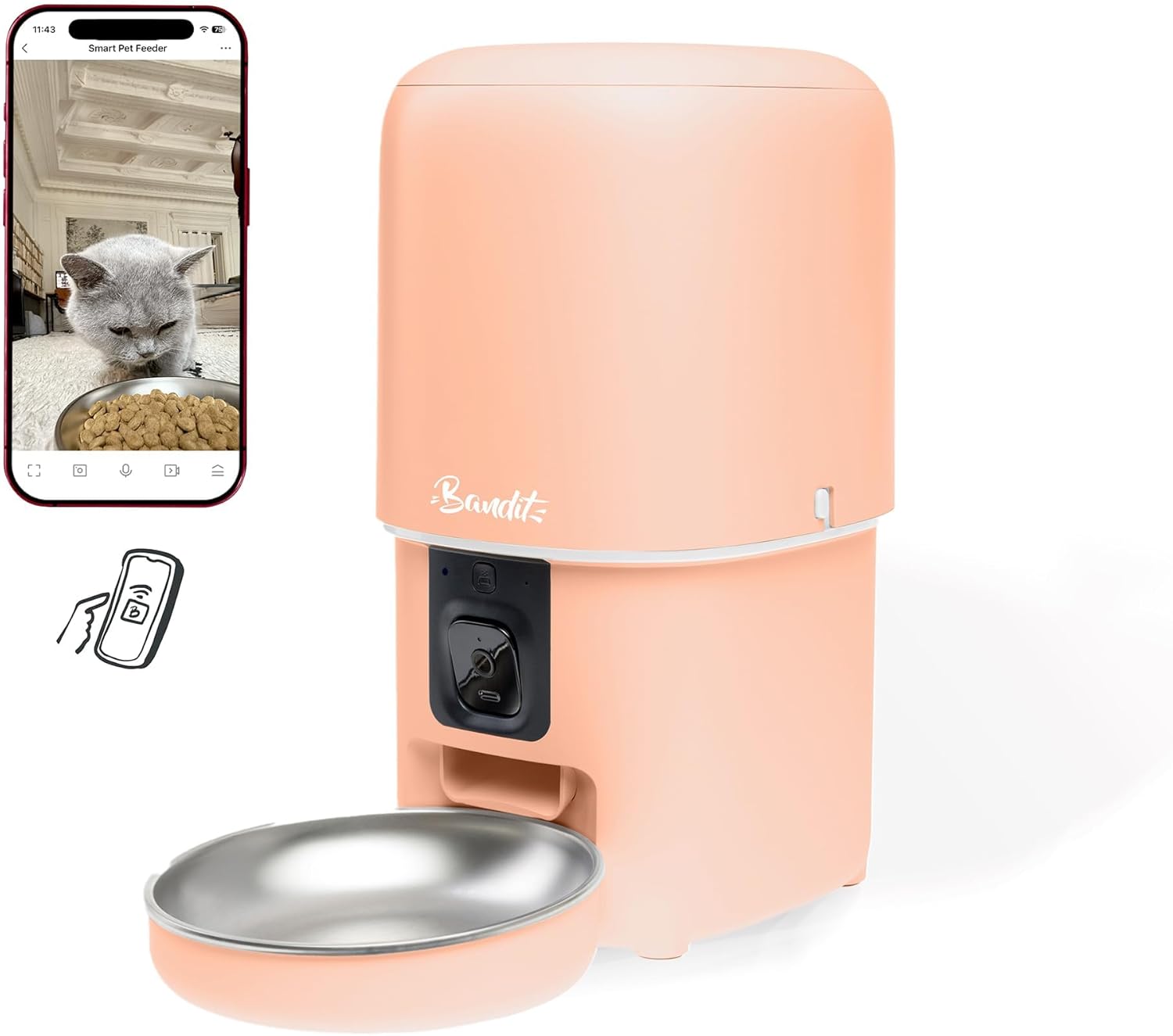 Distributeur automatique de croquettes de couleur crème avec gamelle en inox, illustrant l'interface vidéo sur smartphone.