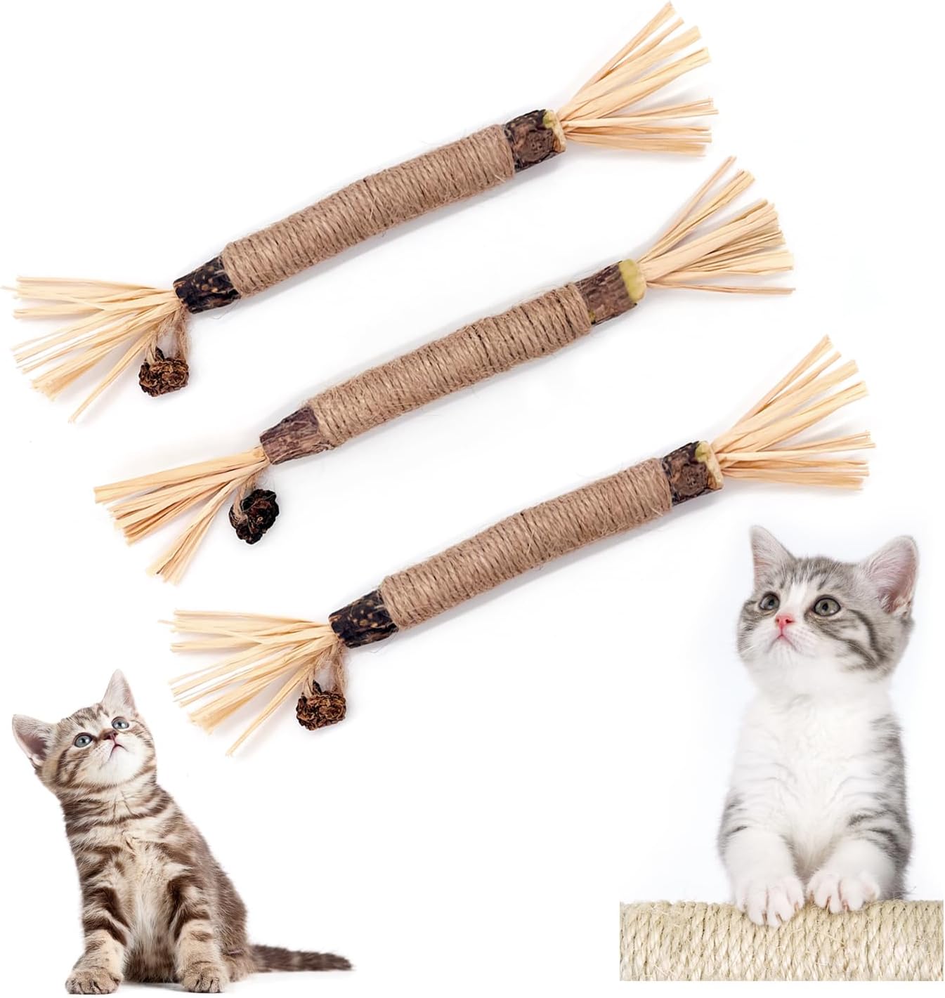 Trois bâtonnets à mâcher en bois naturel pour chat avec embouts texturés