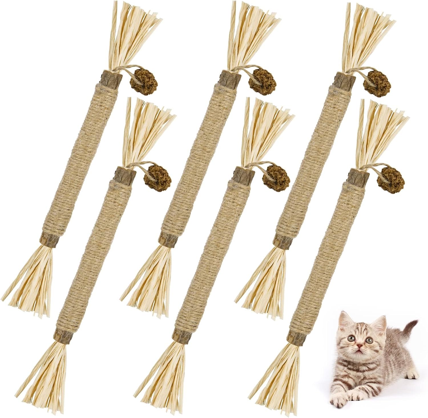 Lot de 6 bâtons à mâcher pour chat entourés de corde de chanvre avec franges en raphia