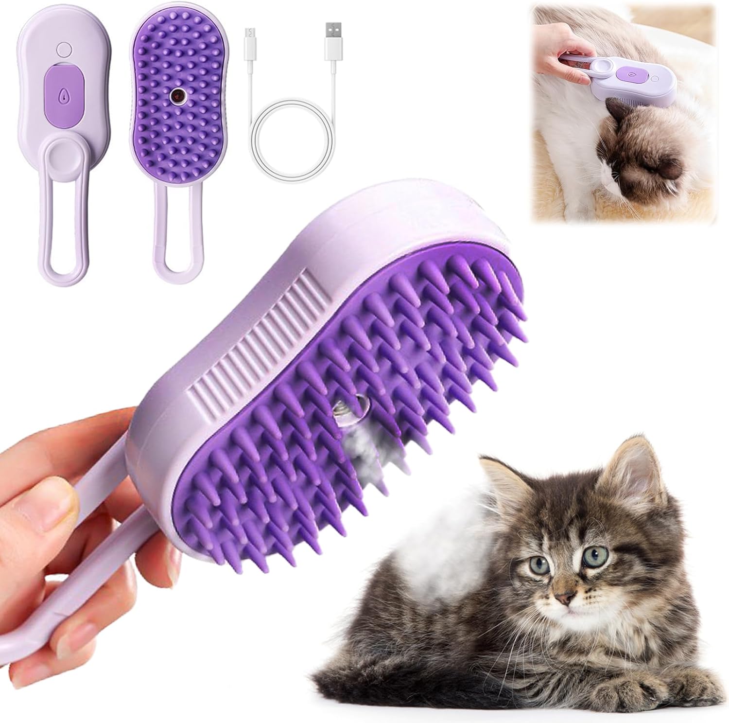 Brosse vapeur violette DONGTATA en action sur un chat, illustrant la diffusion de la brume.