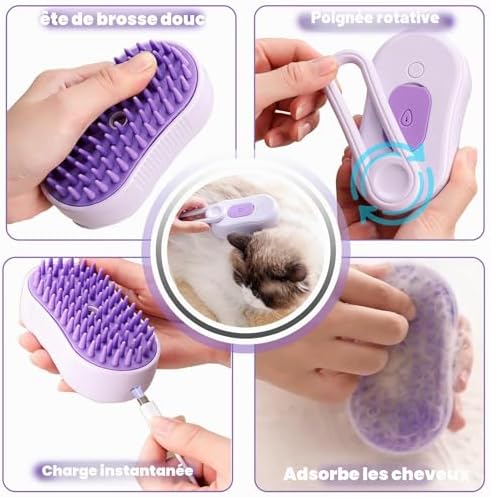 Détails d'utilisation de la brosse DONGTATA montrant la poignée rotative, la recharge et le retrait du bloc de poils.