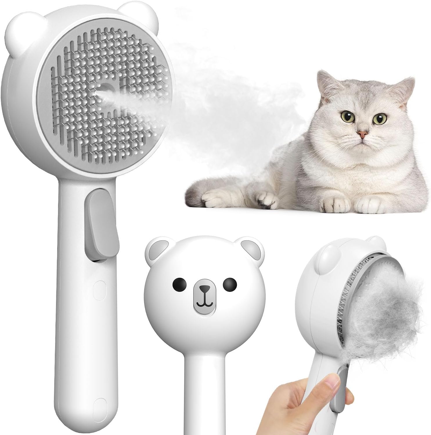 Brosse vapeur pour chat POIIOPY RK35-Y montrant le design sans manche en forme de poussin, la diffusion de vapeur et le système de retrait des poils par bouton.