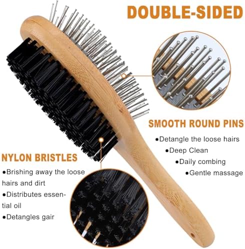 Détails macro des picots métalliques arrondis et des poils de la brosse Auspicious Pet