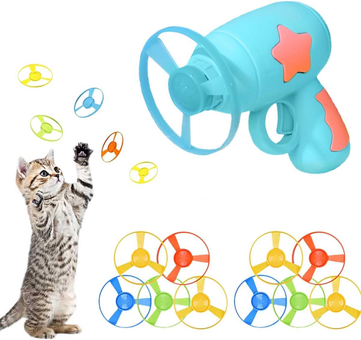 Lanceur bleu avec des hélices colorées et un chaton jouant