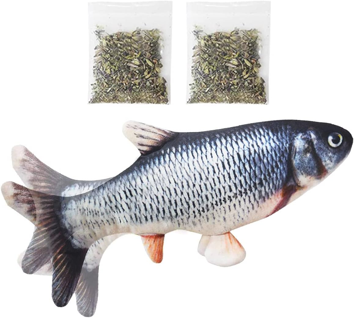Poisson en peluche interactif avec ses deux sachets d'herbe à chat.