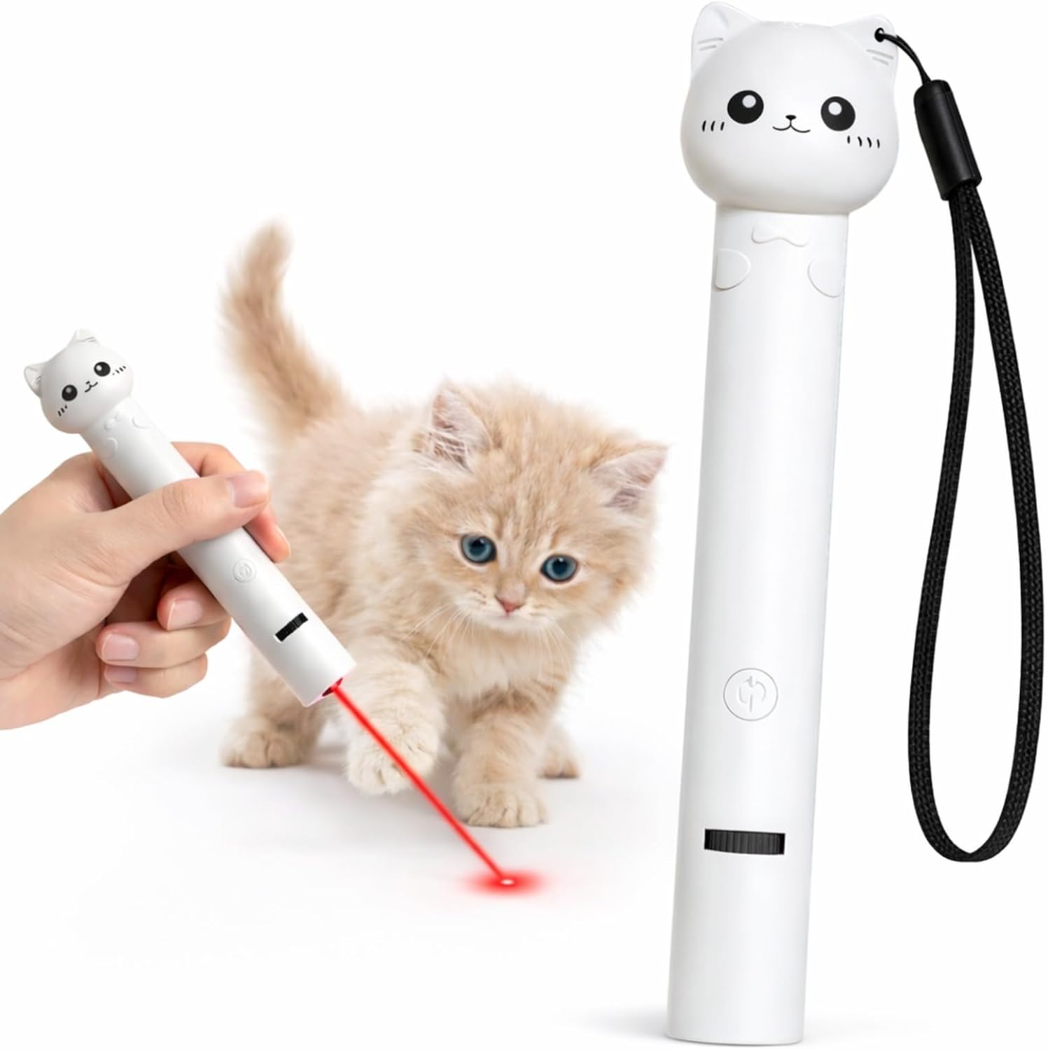 Chaton jouant avec le pointeur laser Chatterie DL tenu par une main