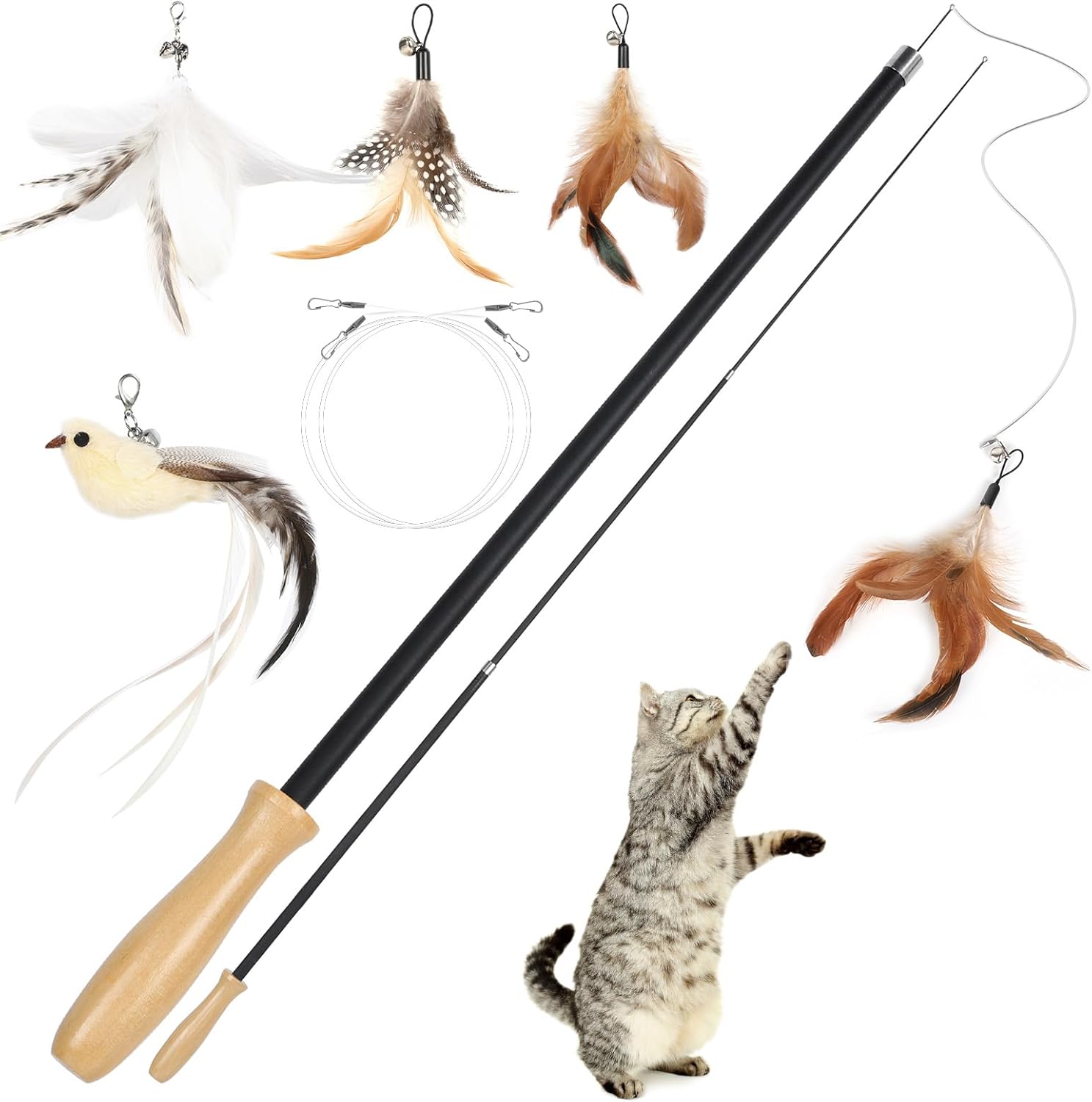 Ensemble canne à pêche pour chat Cozary avec manche en bois, tige télescopique et leurres en plumes