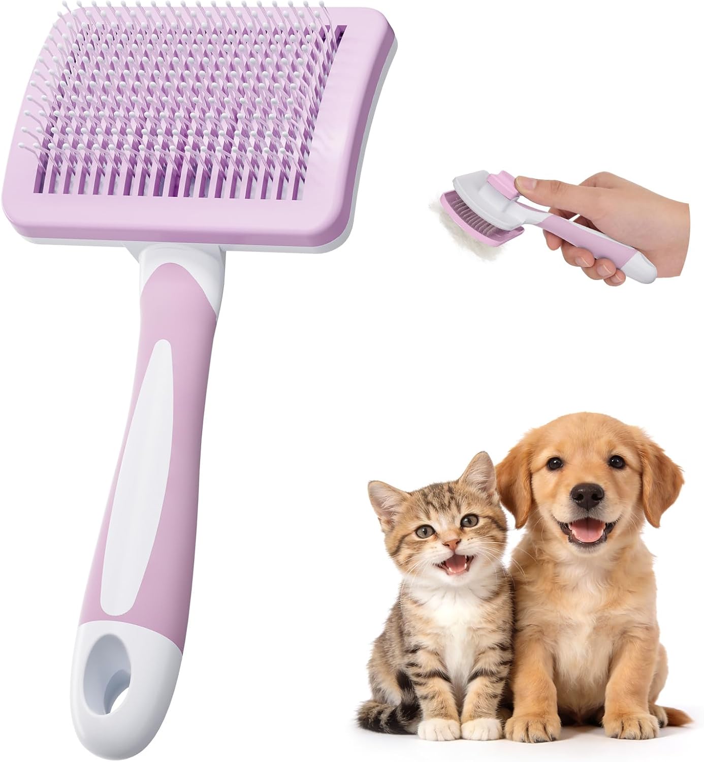 Brosse de toilettage rose pour chat et chien avec mécanisme de nettoyage