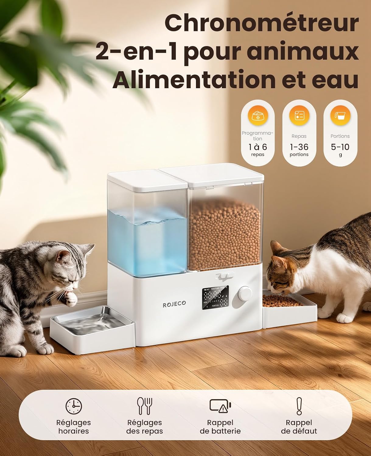 Distributeur automatique 2-en-1 ROJECO PTM-30A3 en fonctionnement avec deux chats