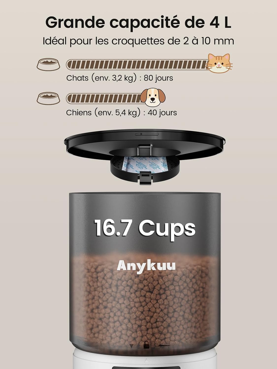 Réservoir de 4L ouvert montrant la capacité du distributeur Anykuu