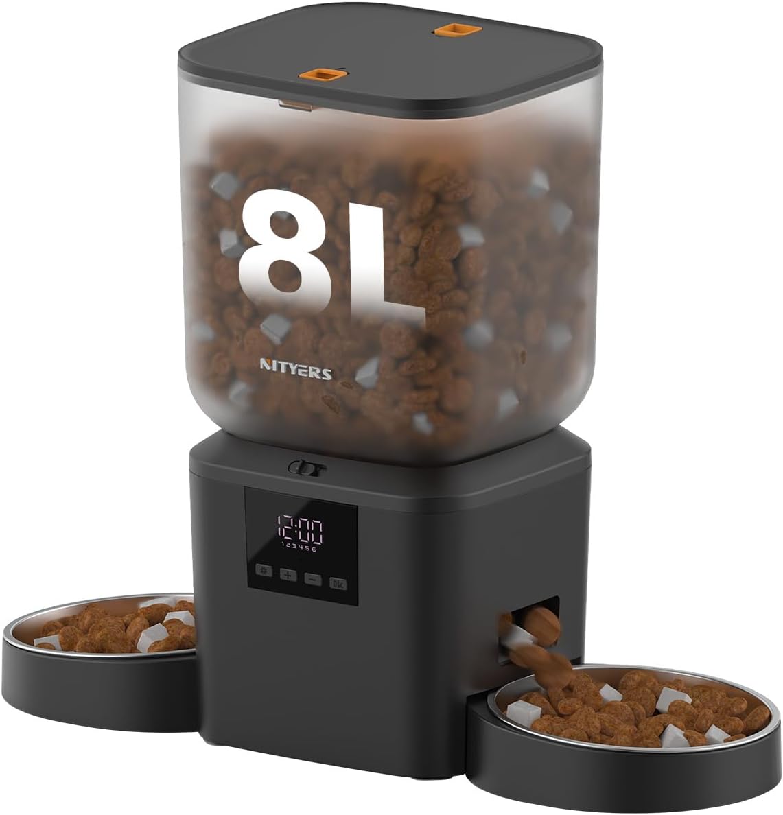 Vue globale du distributeur Nityers QQ-N21 montrant la position opposée des deux gamelles en acier inoxydable.