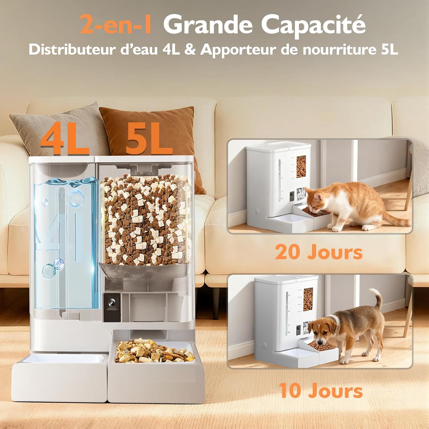 Détail de la capacité du PETLIV DU-F03V : 4L d'eau et 5L de croquettes