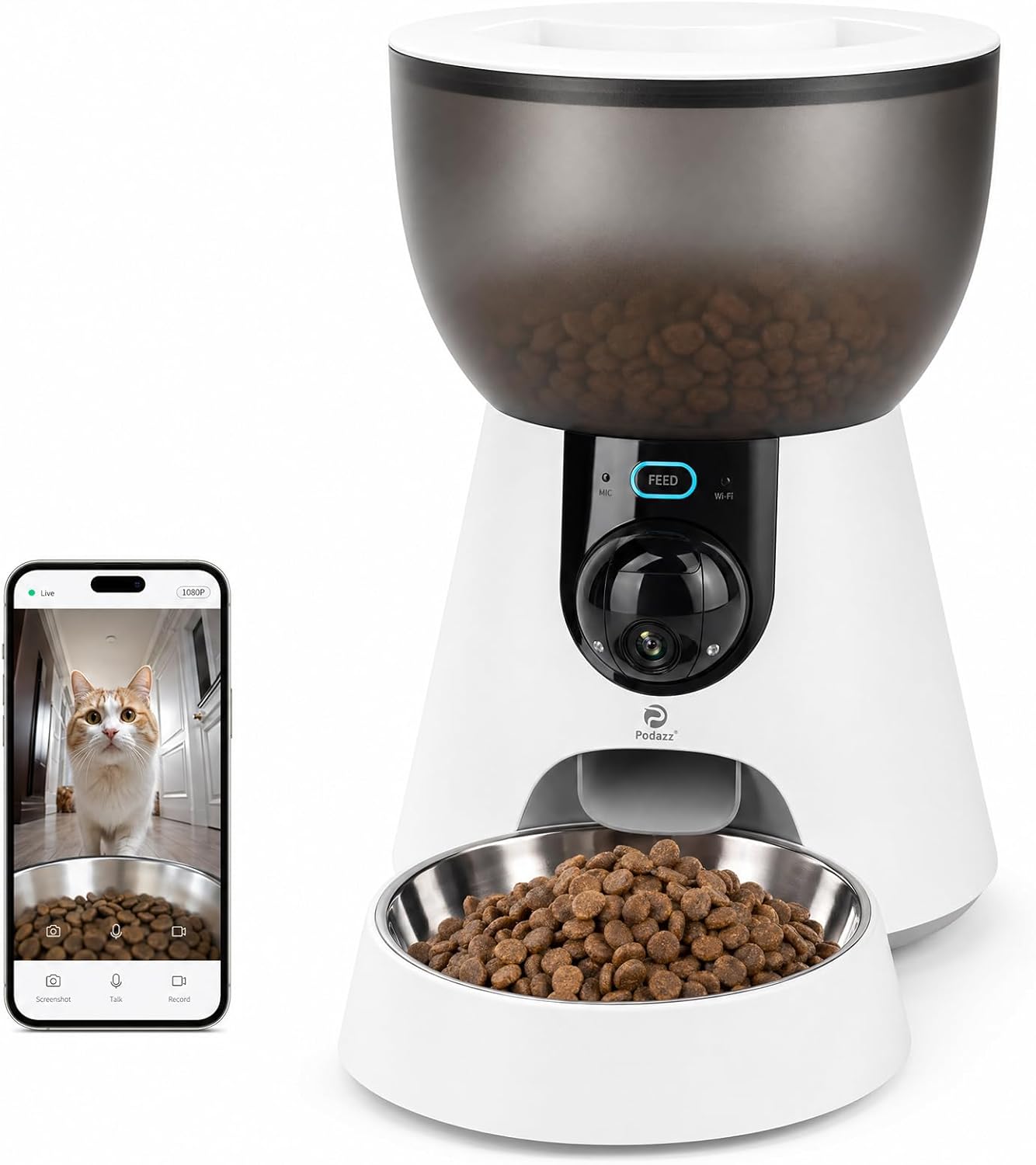 Distributeur automatique de croquettes blanc avec bol en inox et smartphone affichant la vidéo d'un chat