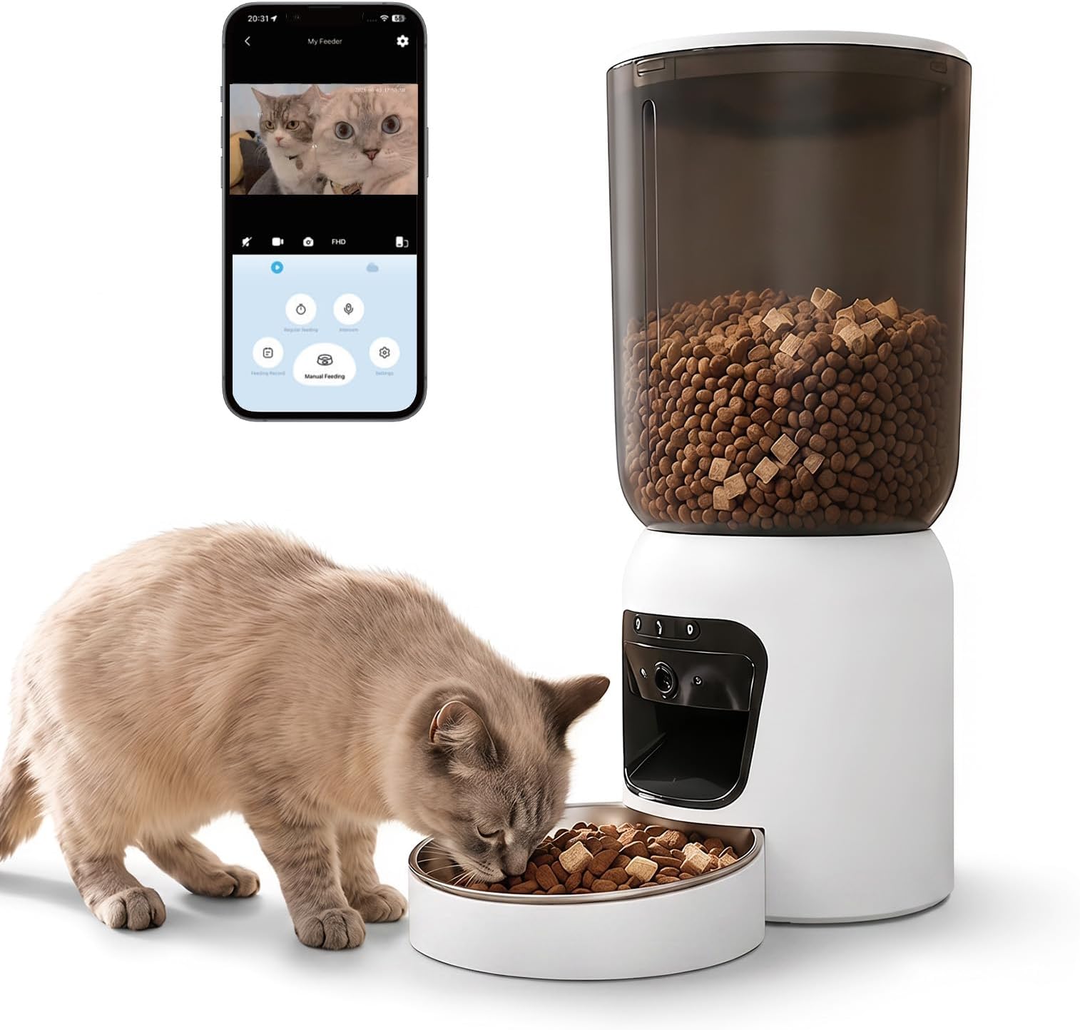 Le distributeur automatique GMDUHK PF6 en action avec un chat mangeant dans la gamelle en inox, et une vue de l'interface de l'application smartphone avec le flux vidéo.
