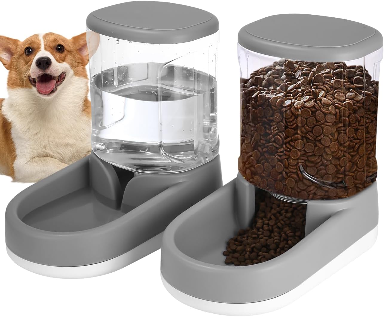 Vue détaillée du distributeur d'eau et du distributeur de croquettes Zounin avec réservoirs transparents de 3,8 litres sur bases grises
