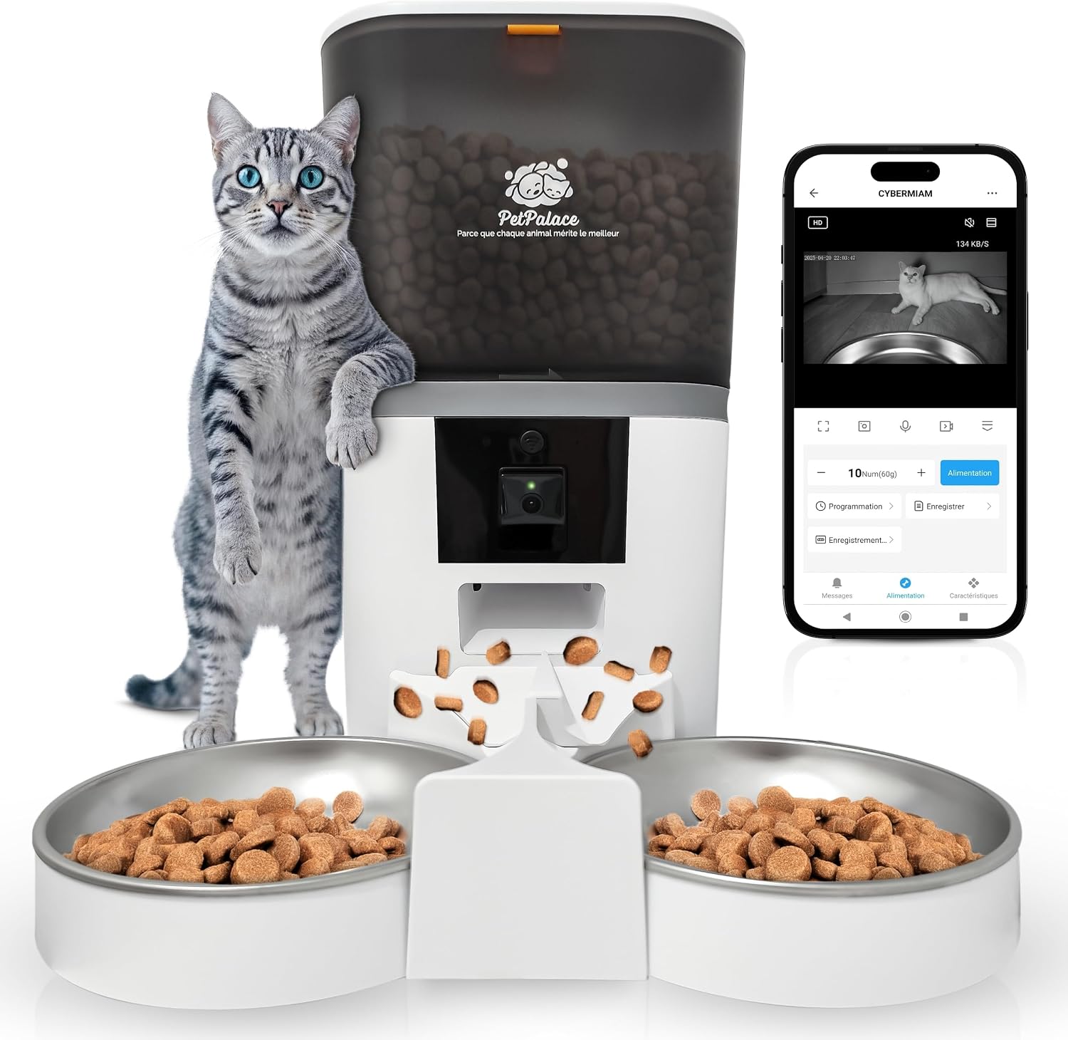 Le distributeur PetPalace QQ009 avec sa double gamelle, son séparateur de croquettes et l'interface de l'application mobile de surveillance.