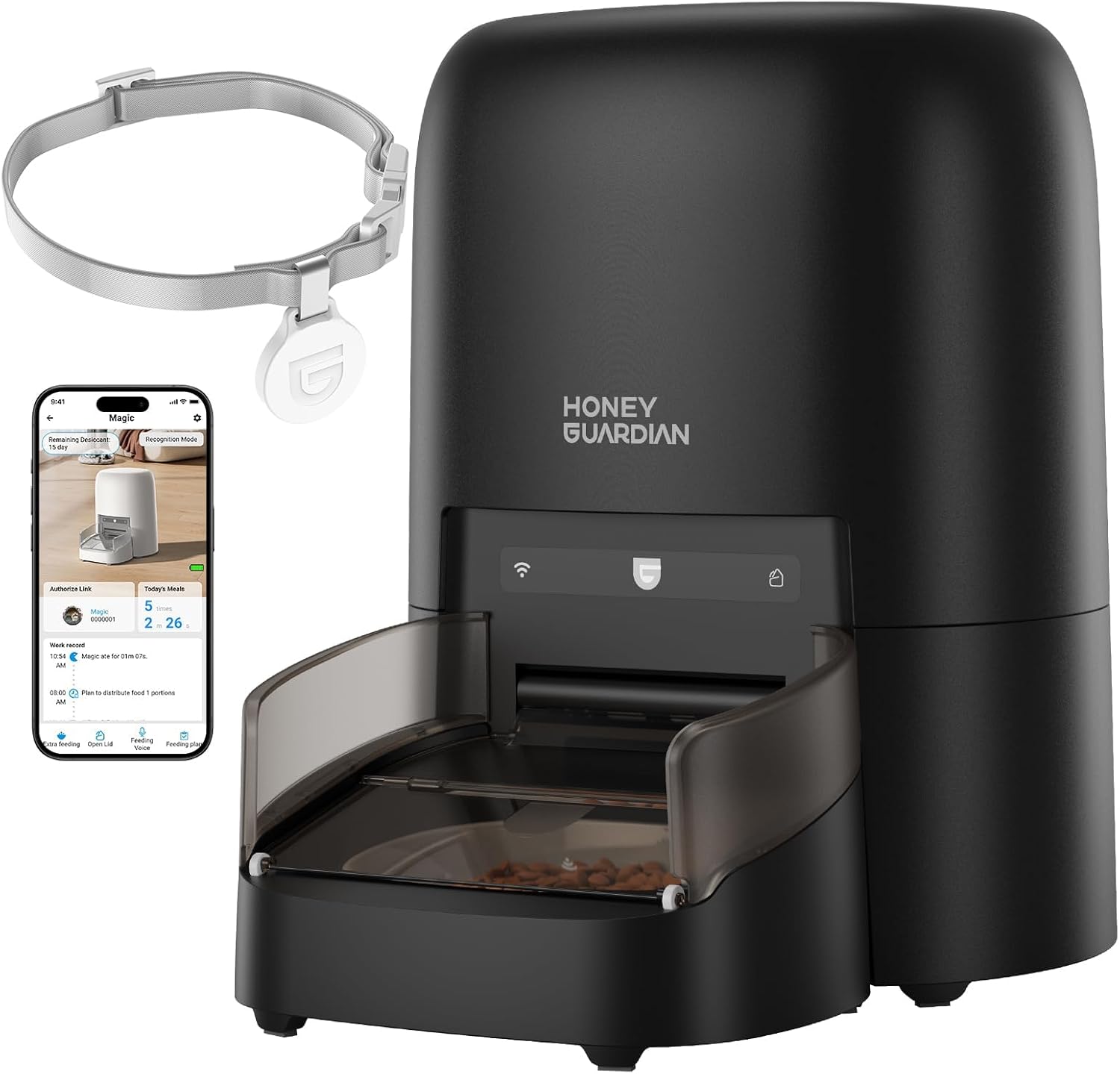 Vue du distributeur automatique HoneyGuaridan SF35 de couleur noire avec son application mobile et le collier RFID à côté