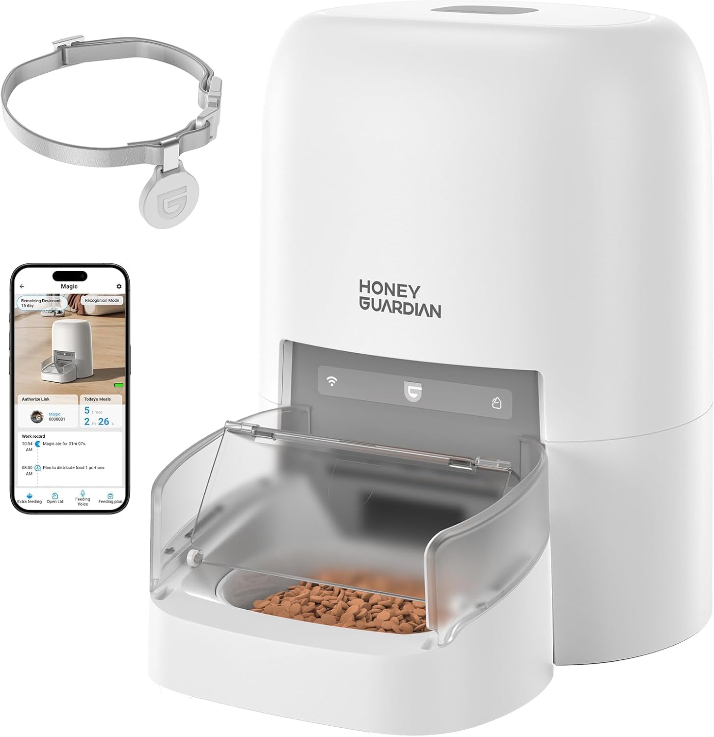 Version blanche du distributeur HoneyGuaridan SF35, montrant le bol rempli de croquettes et la visière de protection
