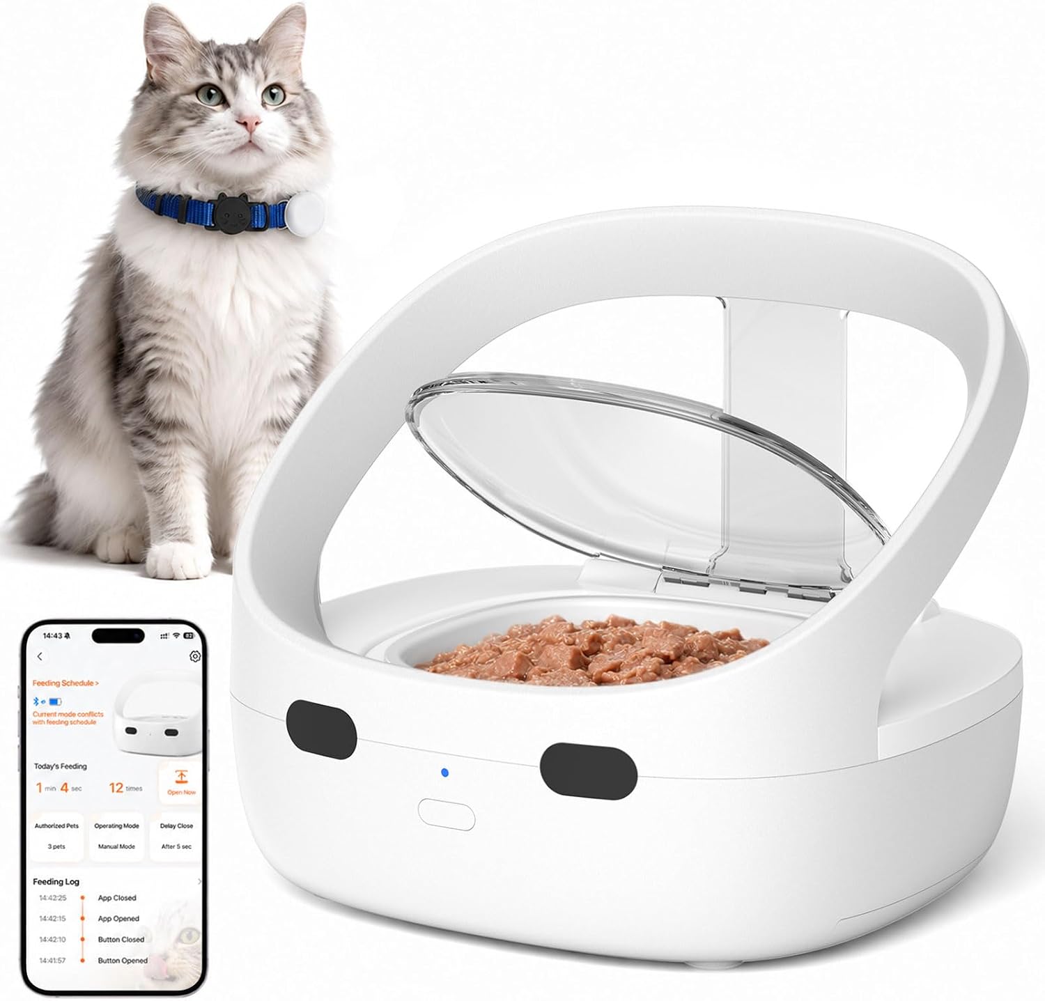 Distributeur de croquettes MNIFTO blanc avec couvercle ouvert, application mobile sur smartphone et chat en arrière-plan