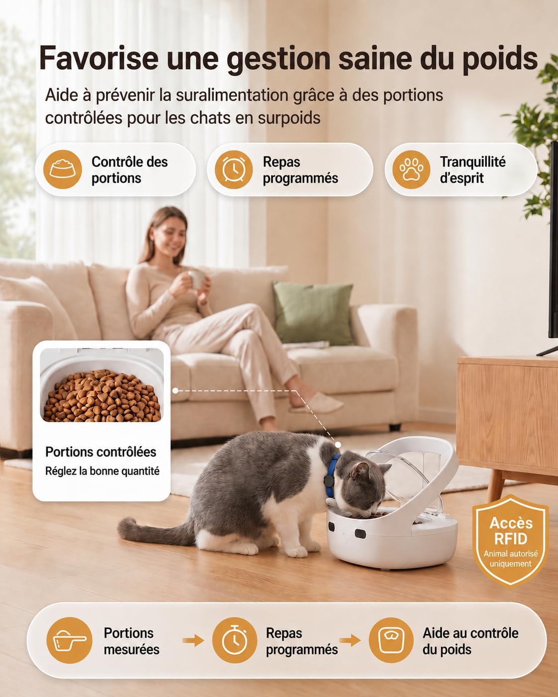 Chat portant un collier bleu avec médaillon RFID mangeant dans le distributeur MNIFTO blanc