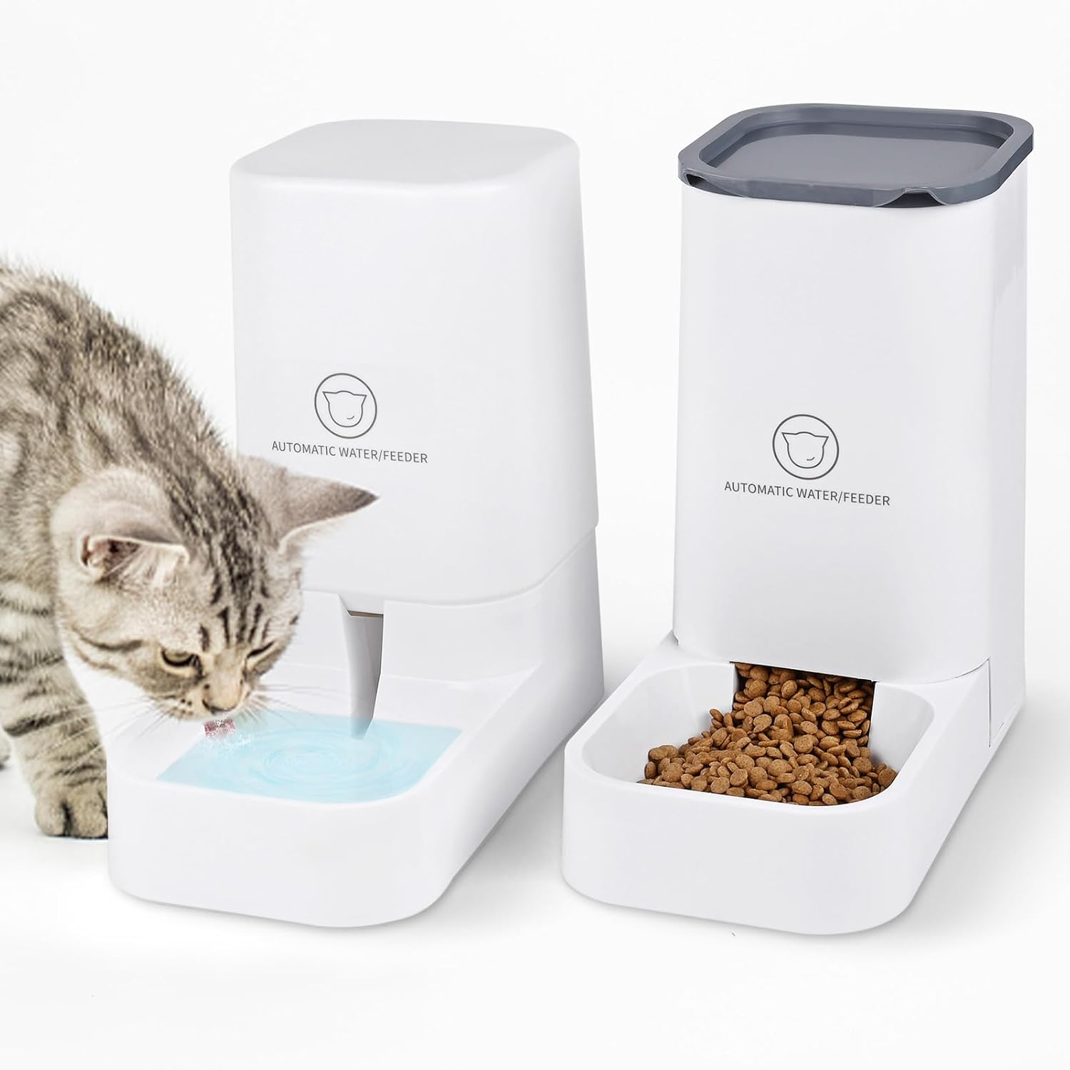 Chat buvant dans le distributeur d'eau à côté du distributeur de croquettes Dreamhigh