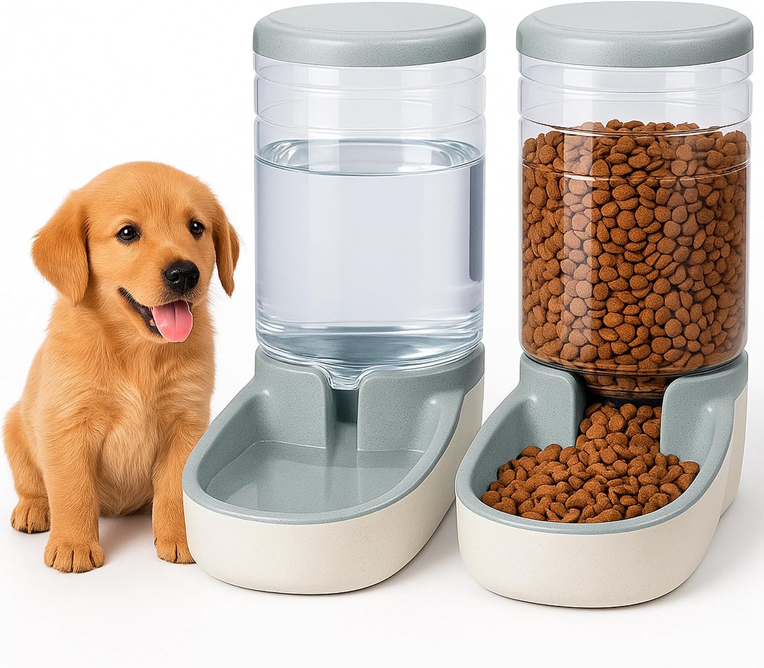 Duo de distributeurs Edipets gris et blancs pour l'eau et les croquettes, avec un chiot à côté.