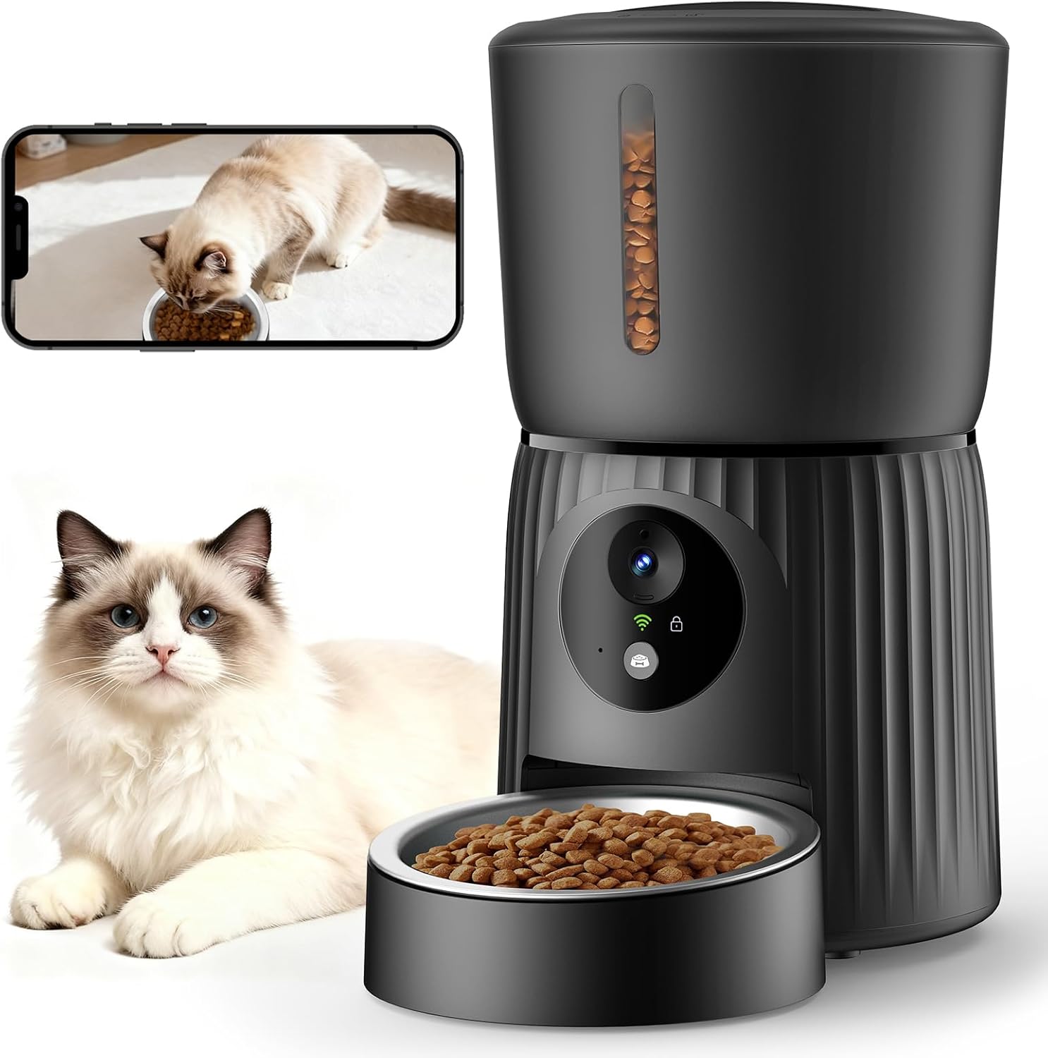 Distributeur automatique de croquettes Faroro PF24 avec un chat et un aperçu de la caméra sur smartphone