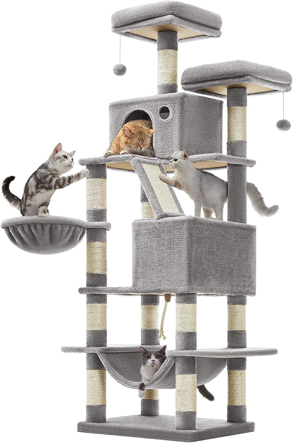 Arbre à chat Feandrea gris avec plusieurs chats l'utilisant