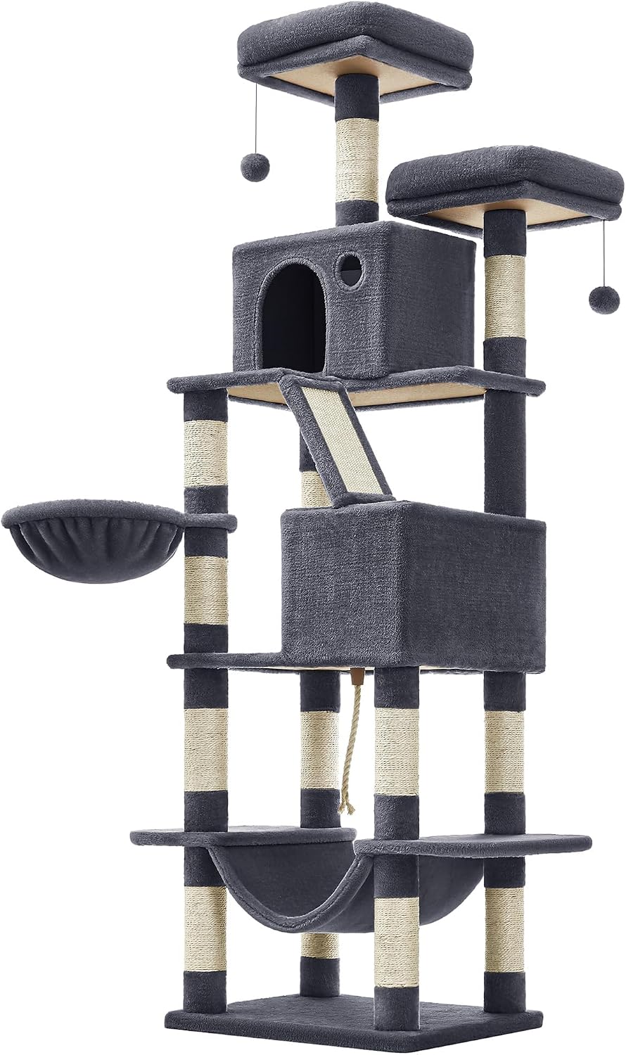Arbre à chat Feandrea gris de plus de 2 mètres avec multiples plateformes et niches