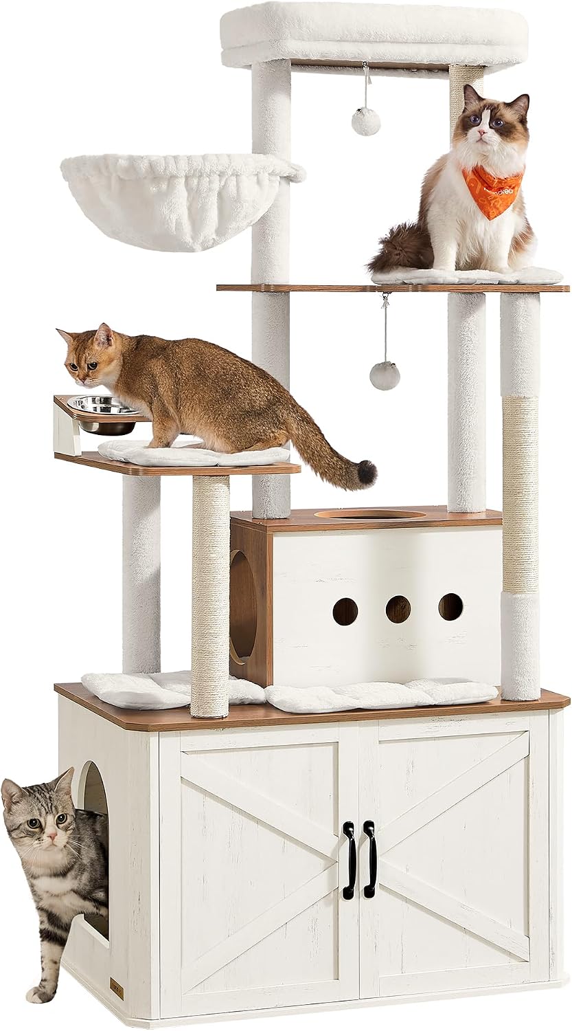 Arbre à chat multifonction Feandrea de 170 cm avec un meuble bas, des plateformes, une niche et des chats illustrant son utilisation.