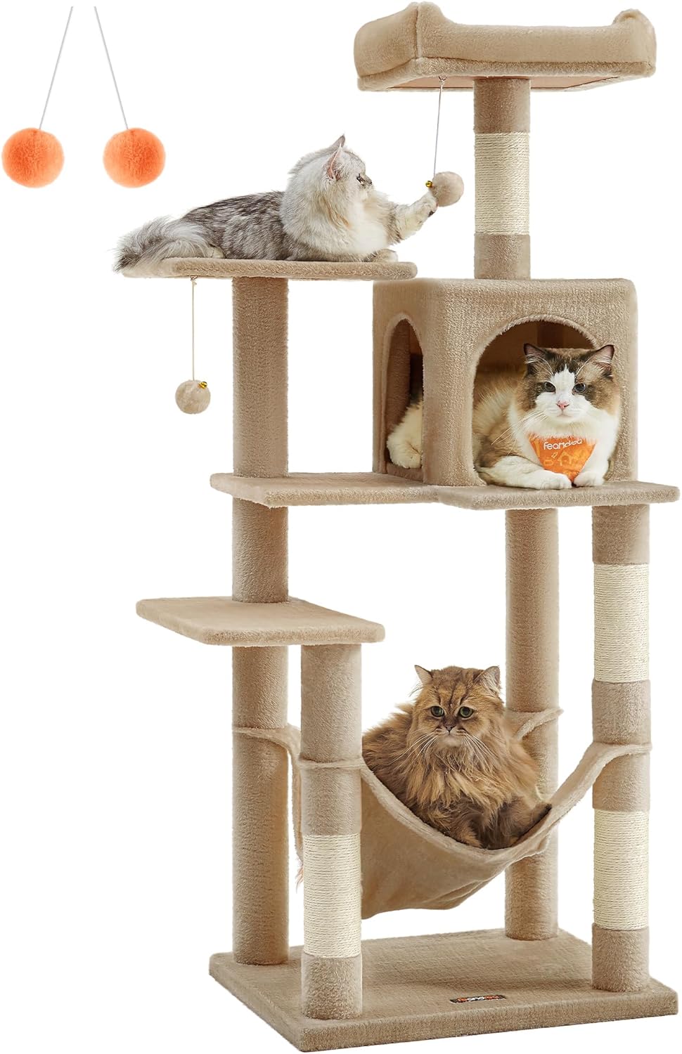 Arbre à chat Feandrea gris avec un chat naviguant sur les plateformes et un autre couché dans le hamac