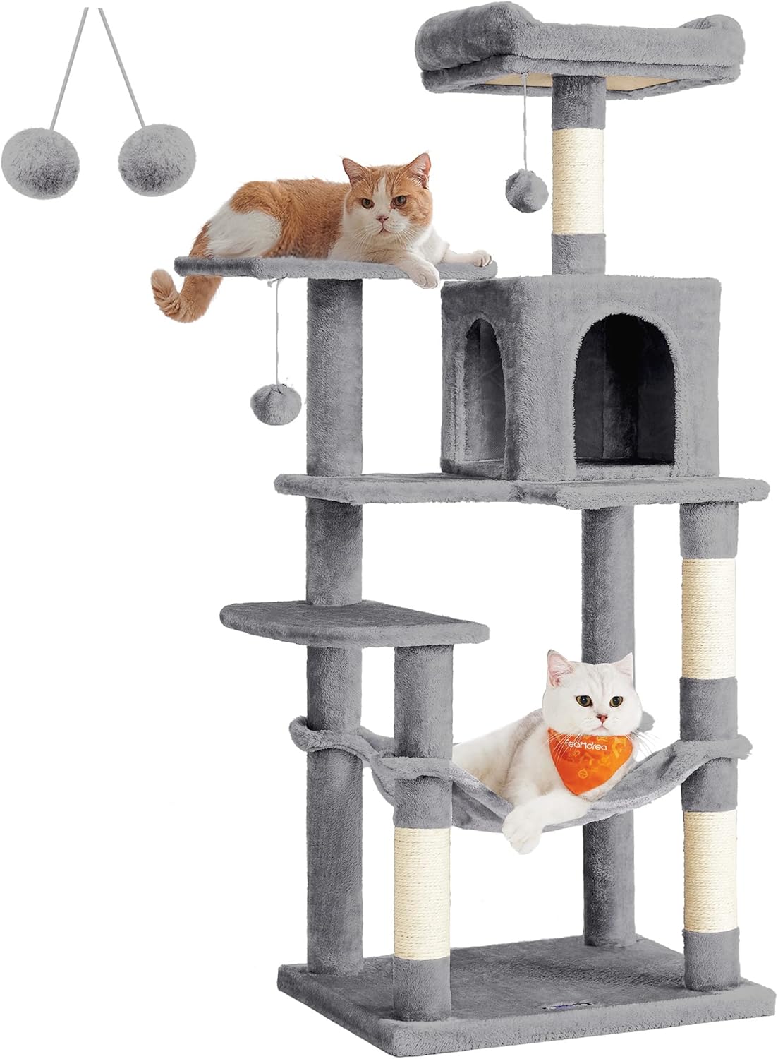 Arbre à chat Feandrea gris avec deux chats l'utilisant, montrant les différents niveaux, la niche et le hamac.