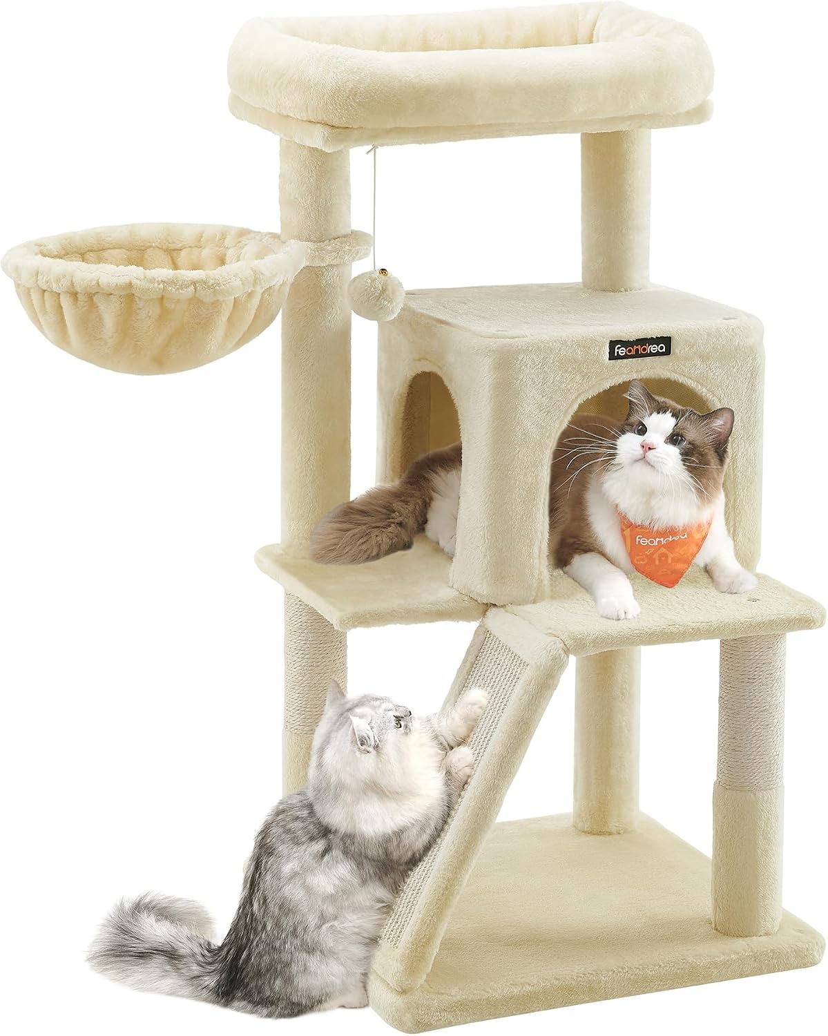 Arbre à chat Feandrea beige avec un chat couché dans la niche et un autre jouant sur la rampe