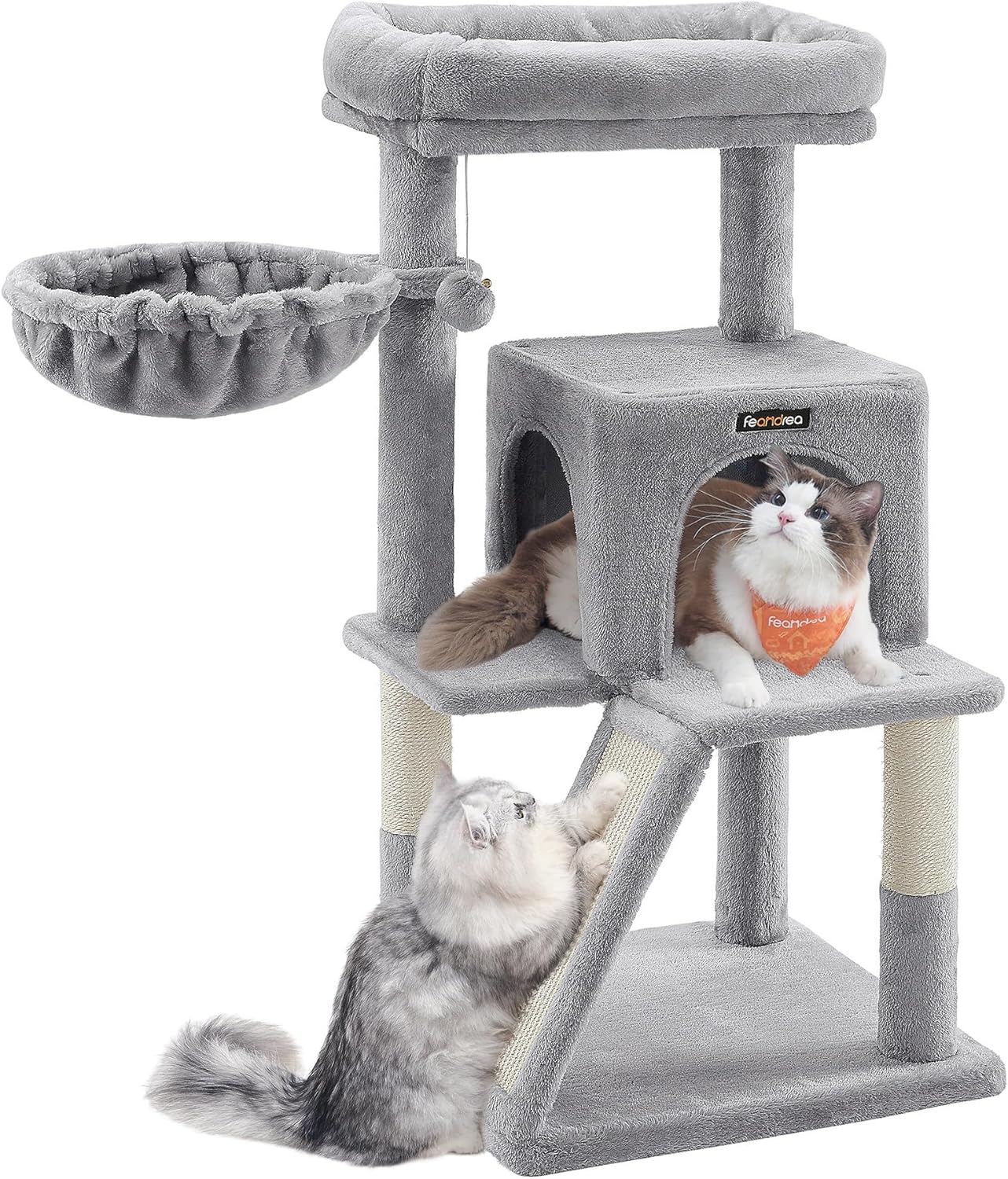 Arbre à chat Feandrea gris montrant la niche à double entrée et le hamac latéral