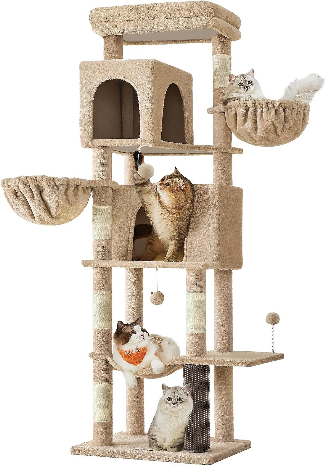 Arbre à chat Feandrea 175 cm couleur marron camel avec plusieurs chats profitant des niches et des paniers