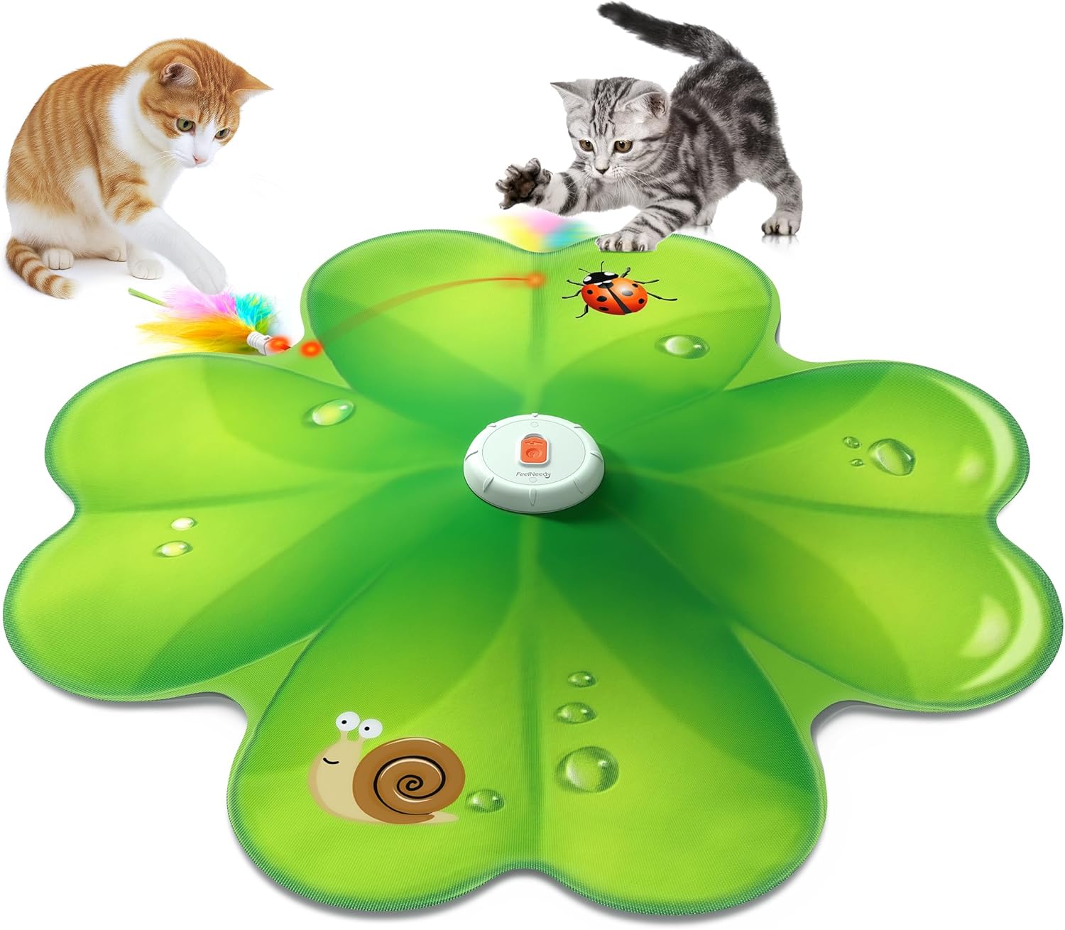 Jouet interactif FEELNEEDY en forme de trèfle vert avec laser et plume, utilisé par un chat