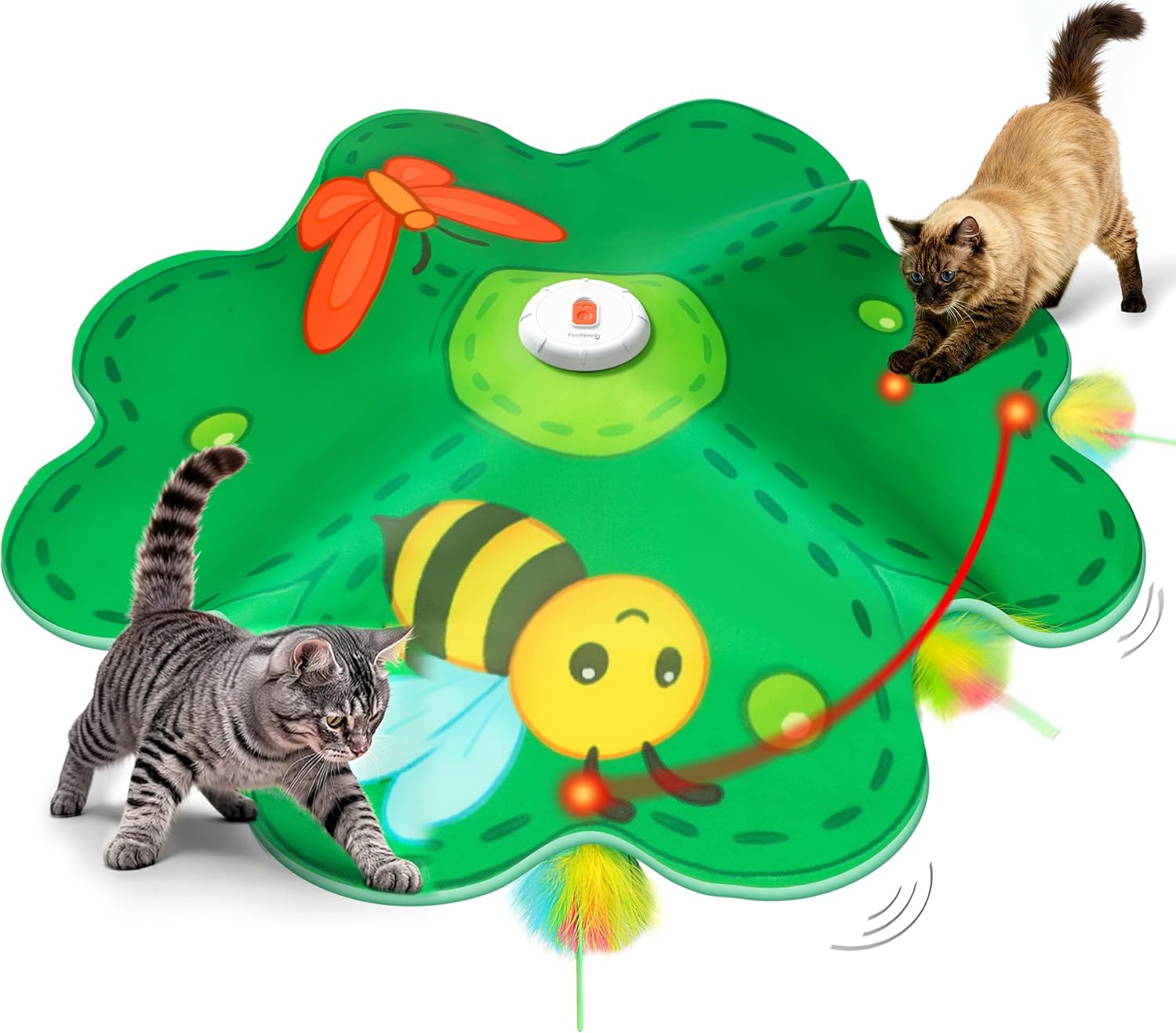 Vue détaillée du tapis de jeu FEELNEEDY avec motifs d'insectes et deux chatons
