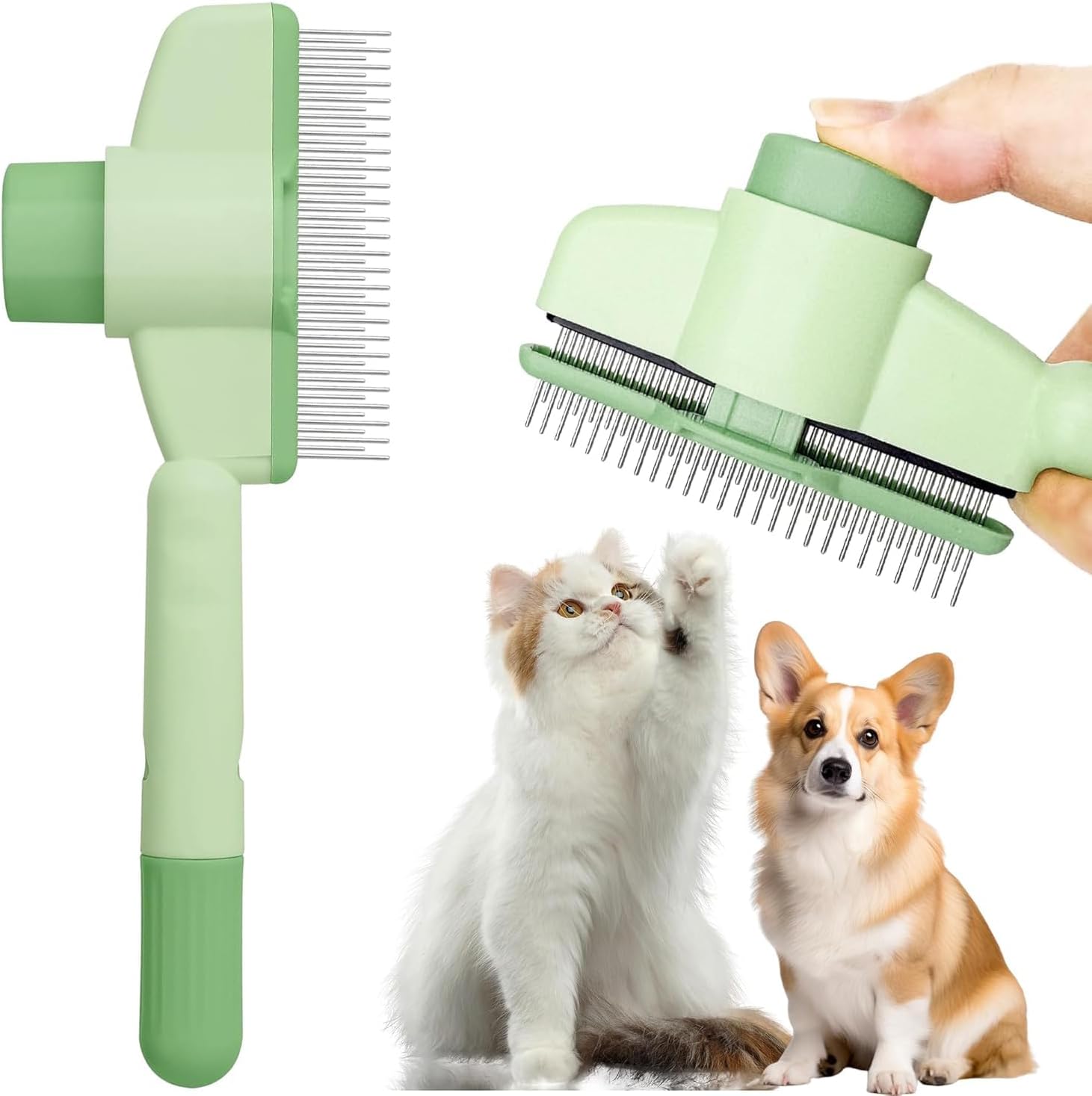Brosse pour chat avec manche ergonomique vert, présentée avec un chat blanc et un chien.