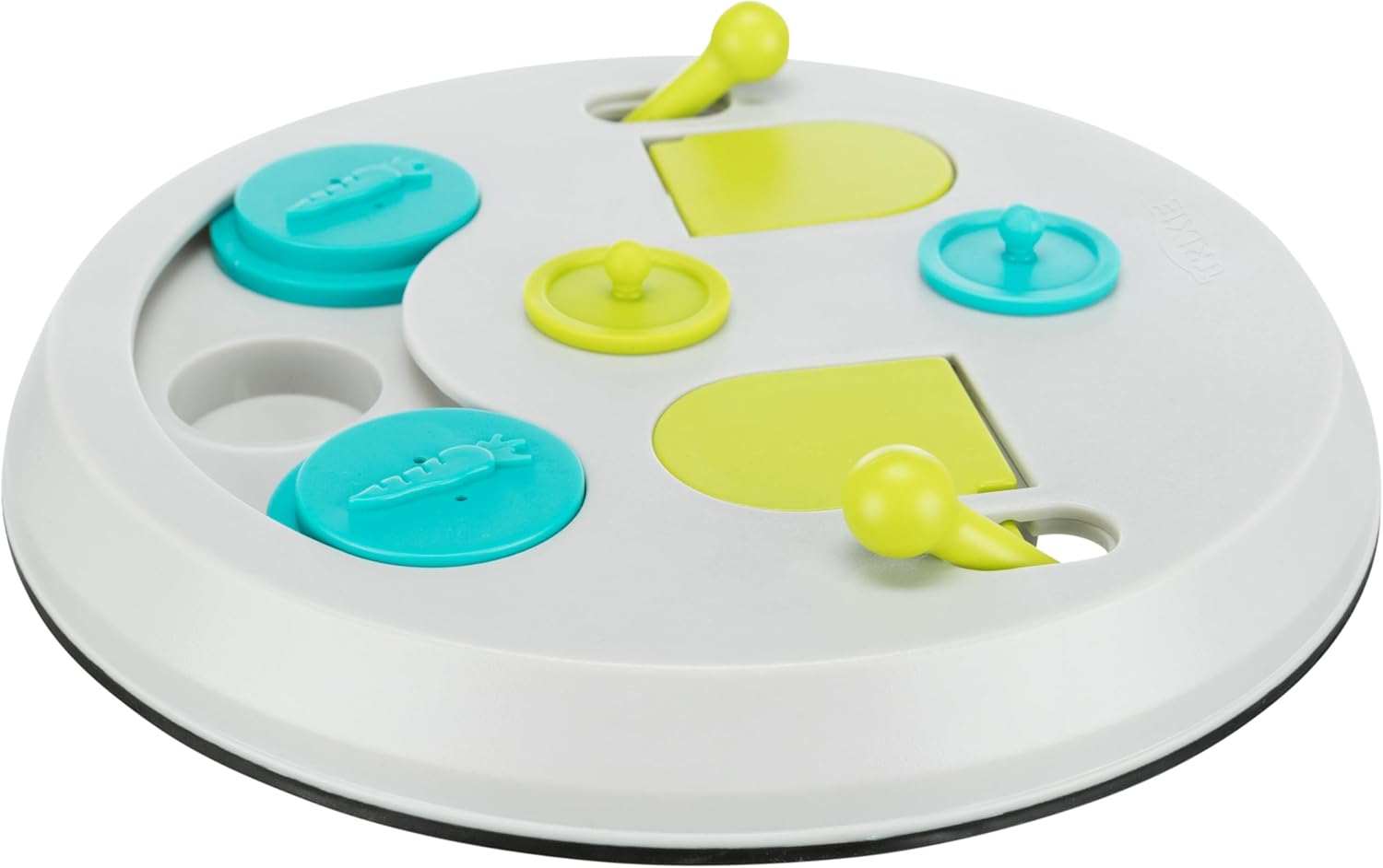 Vue de dessus du plateau de jeu éducatif pour animaux avec ses différents compartiments colorés.
